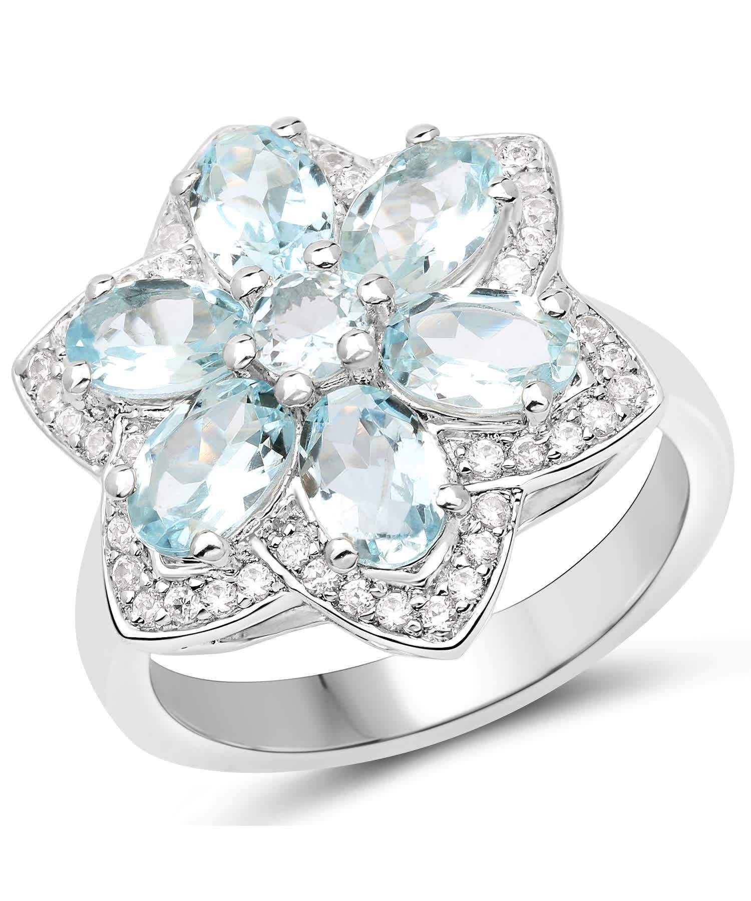 2.88ctw Natural Icy Sky Blue Aquamarine and Zircon Rhodium Plated 925 Sterling Silver Flower Cocktail Ring View 1
