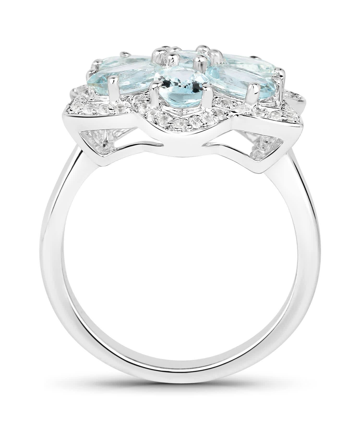 2.88ctw Natural Icy Sky Blue Aquamarine and Zircon Rhodium Plated 925 Sterling Silver Flower Cocktail Ring View 2