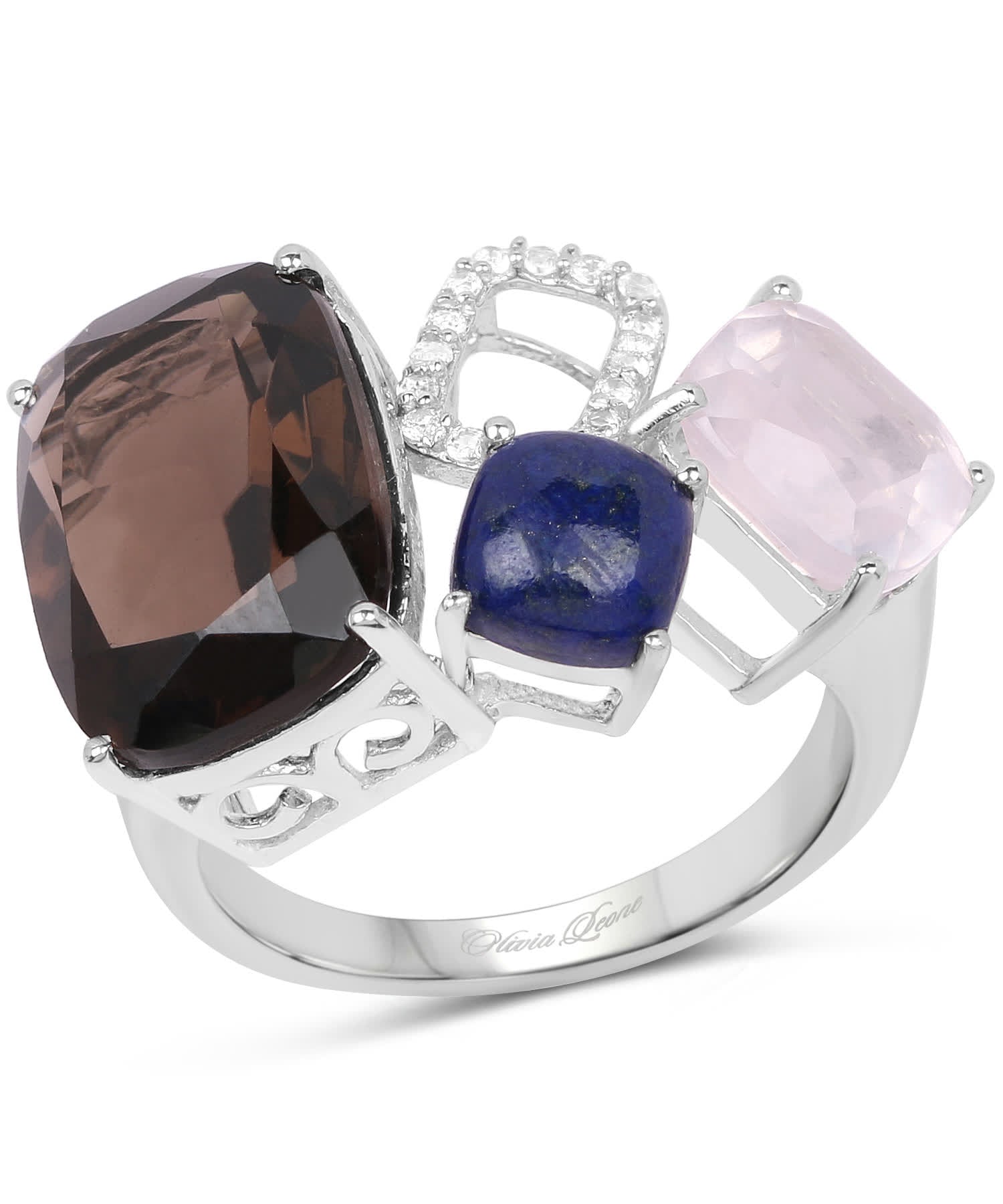 Olivia Leone 7.51ctw Natural Smoky and Rose Quartz, Lapis Lazuli and Topaz Rhodium Plated 925 Sterling Silver Designer Ring View 1
