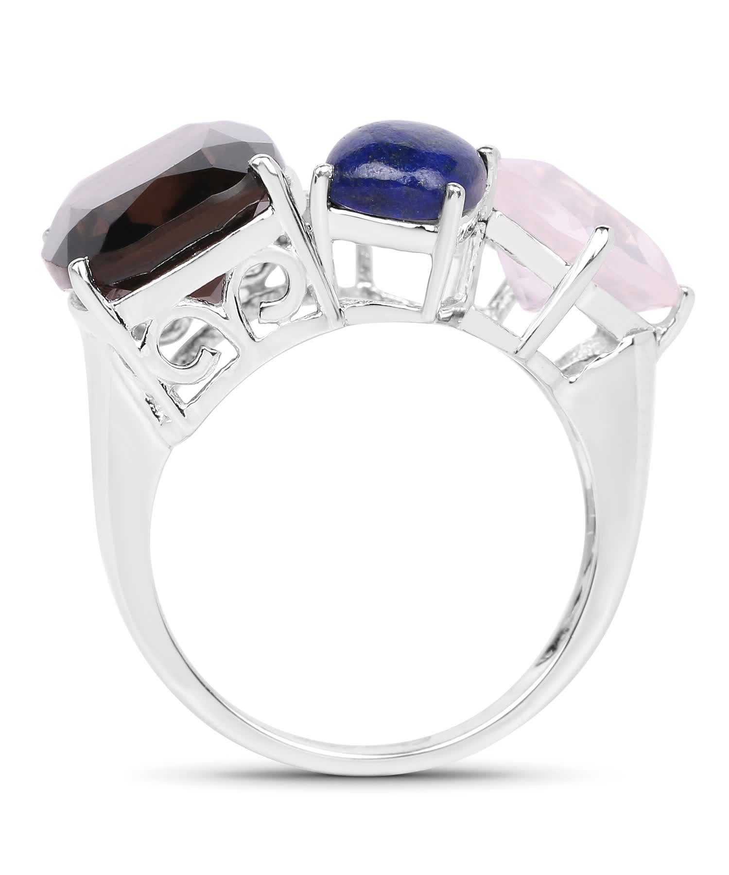 Olivia Leone 7.51ctw Natural Smoky and Rose Quartz, Lapis Lazuli and Topaz Rhodium Plated 925 Sterling Silver Designer Ring View 2