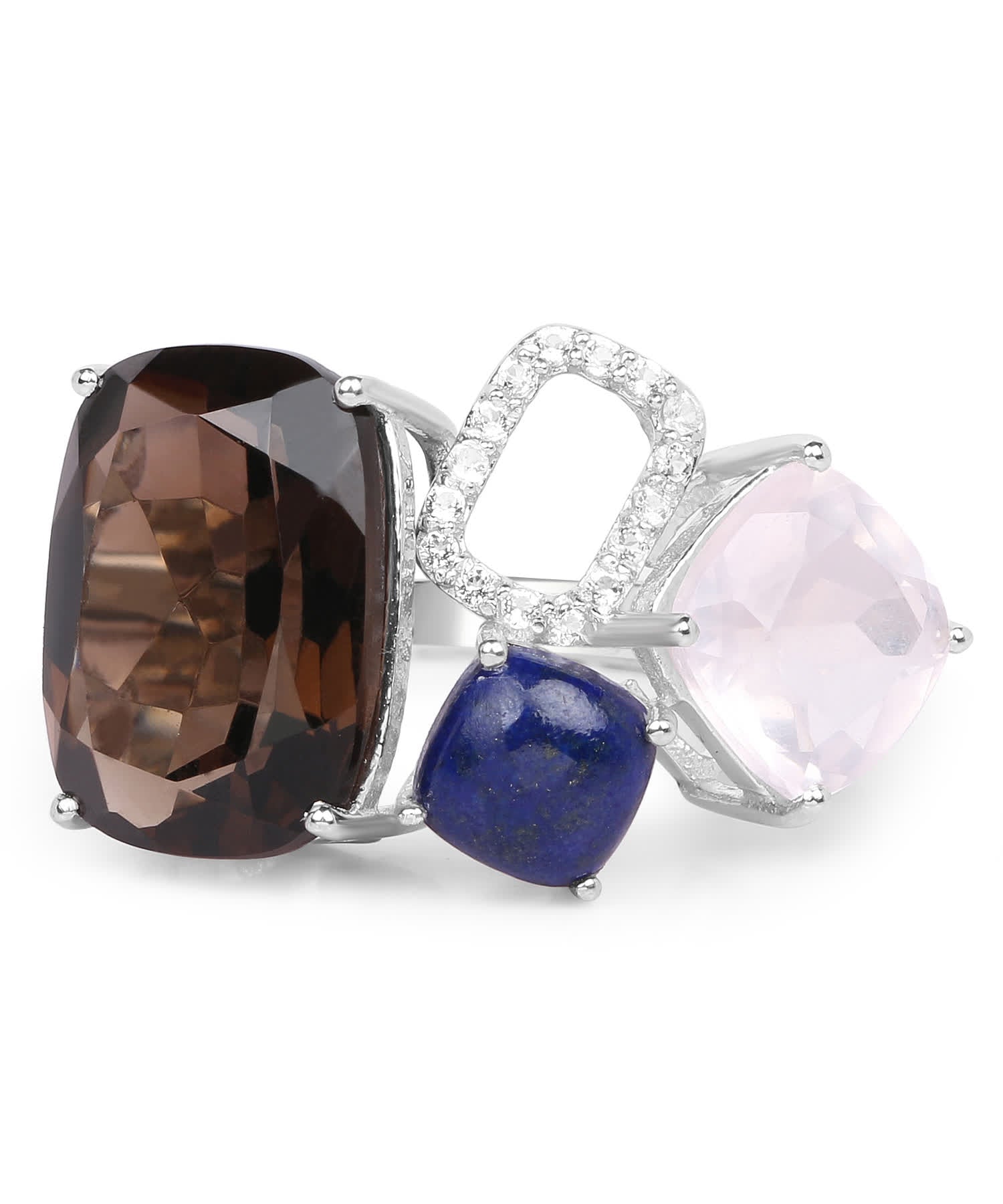 Olivia Leone 7.51ctw Natural Smoky and Rose Quartz, Lapis Lazuli and Topaz Rhodium Plated 925 Sterling Silver Designer Ring View 3