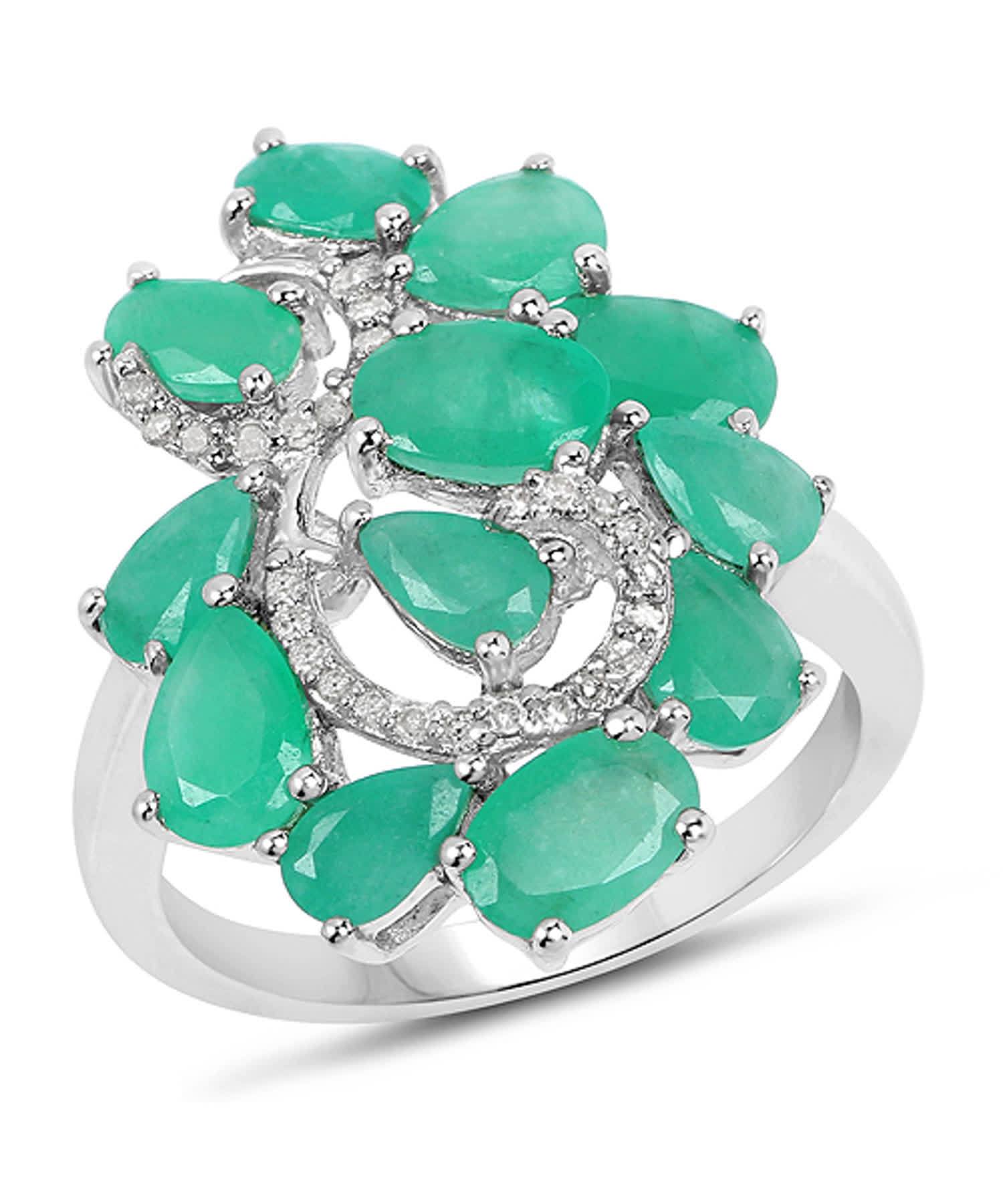 3.57ctw Natural Emerald and Diamond Rhodium Plated 925 Sterling Silver Cocktail Ring View 1