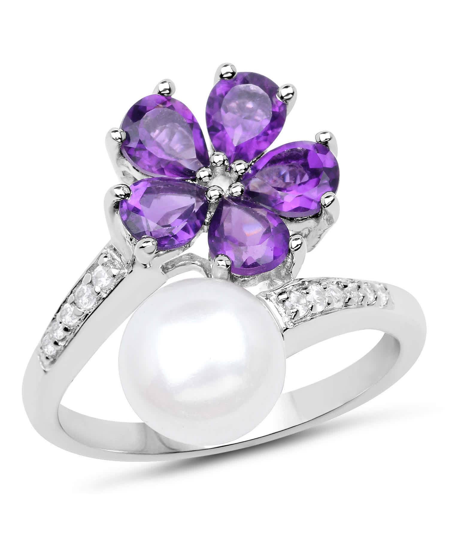 1.59ctw Natural Amethyst, White Freshwater Pearl and Zircon Rhodium Plated 925 Sterling Silver Flower Ring View 1