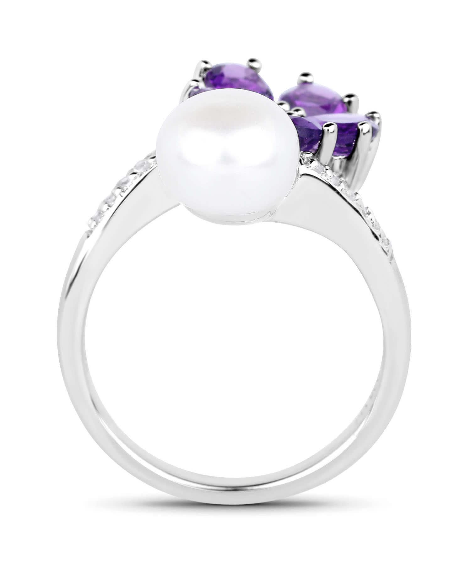 1.59ctw Natural Amethyst, White Freshwater Pearl and Zircon Rhodium Plated 925 Sterling Silver Flower Ring View 2