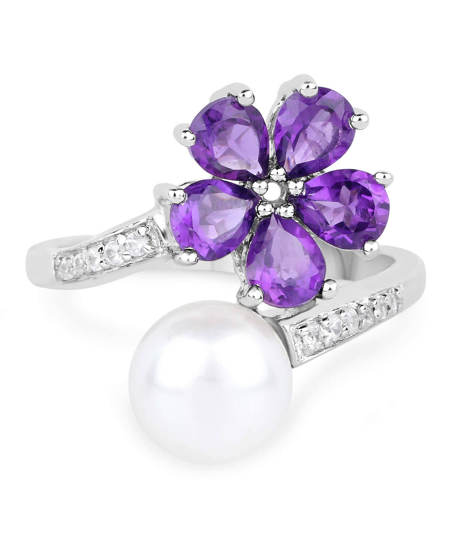 1.59ctw Natural Amethyst, White Freshwater Pearl and Zircon Rhodium Plated 925 Sterling Silver Flower Ring View 3