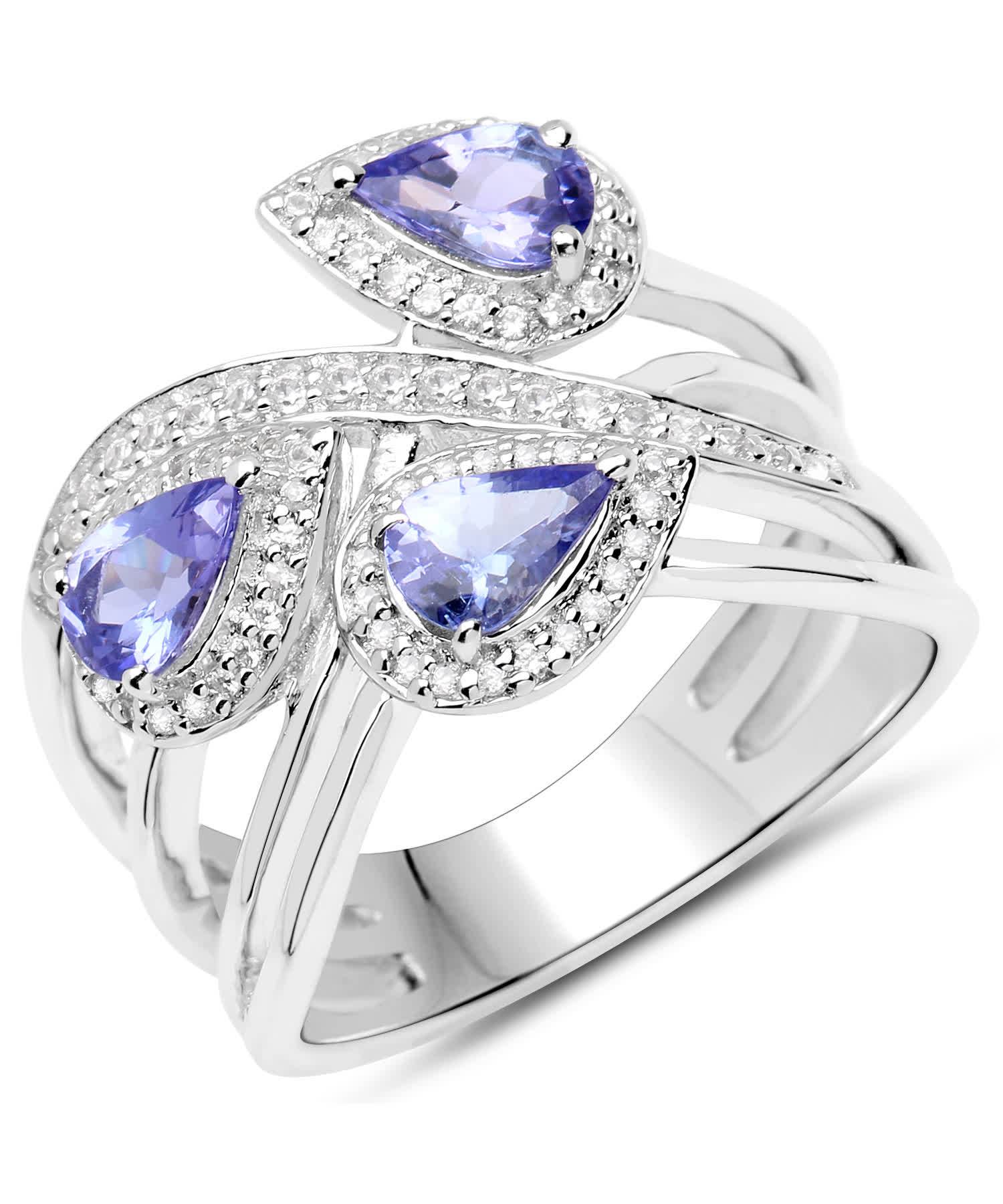 1.52ctw Natural Tanzanite and Zircon Rhodium Plated 925 Sterling Silver Cocktail Ring View 2