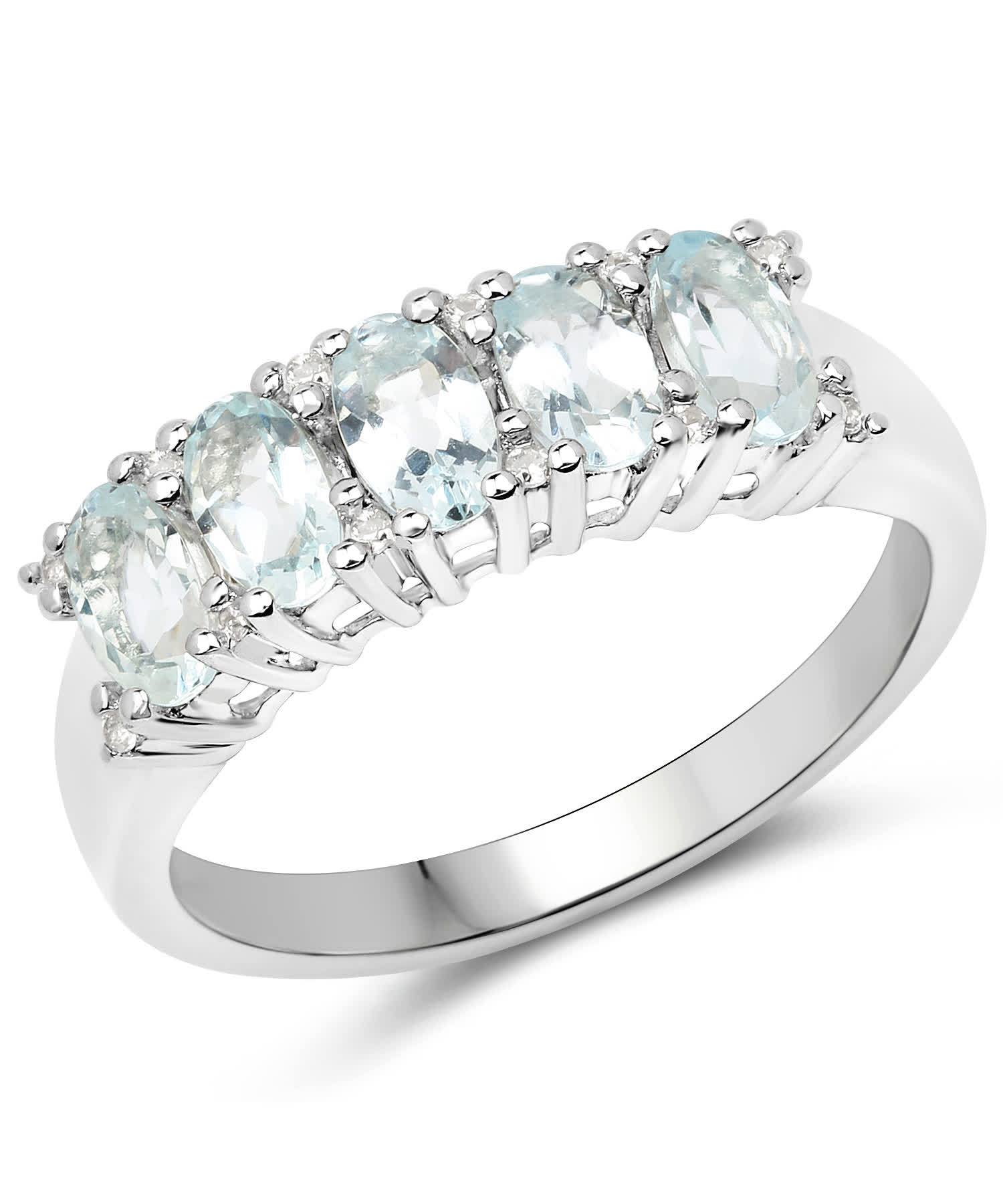 1.06ctw Natural Icy Sky Blue Aquamarine and Zircon Rhodium Plated 925 Sterling Silver Ring View 1