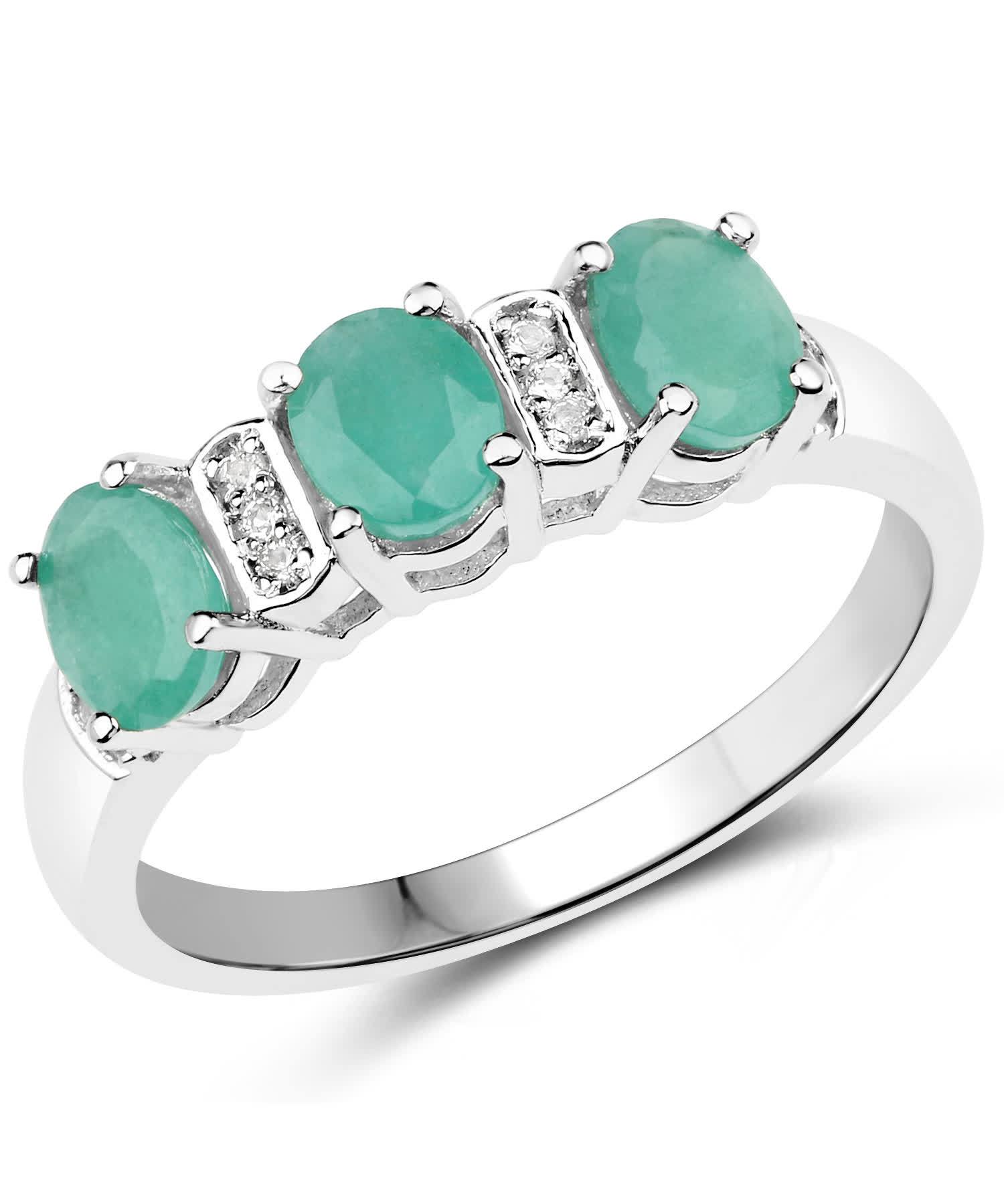 0.90ctw Natural Emerald and Topaz Rhodium Plated 925 Sterling Silver Three-Stone Ring View 1