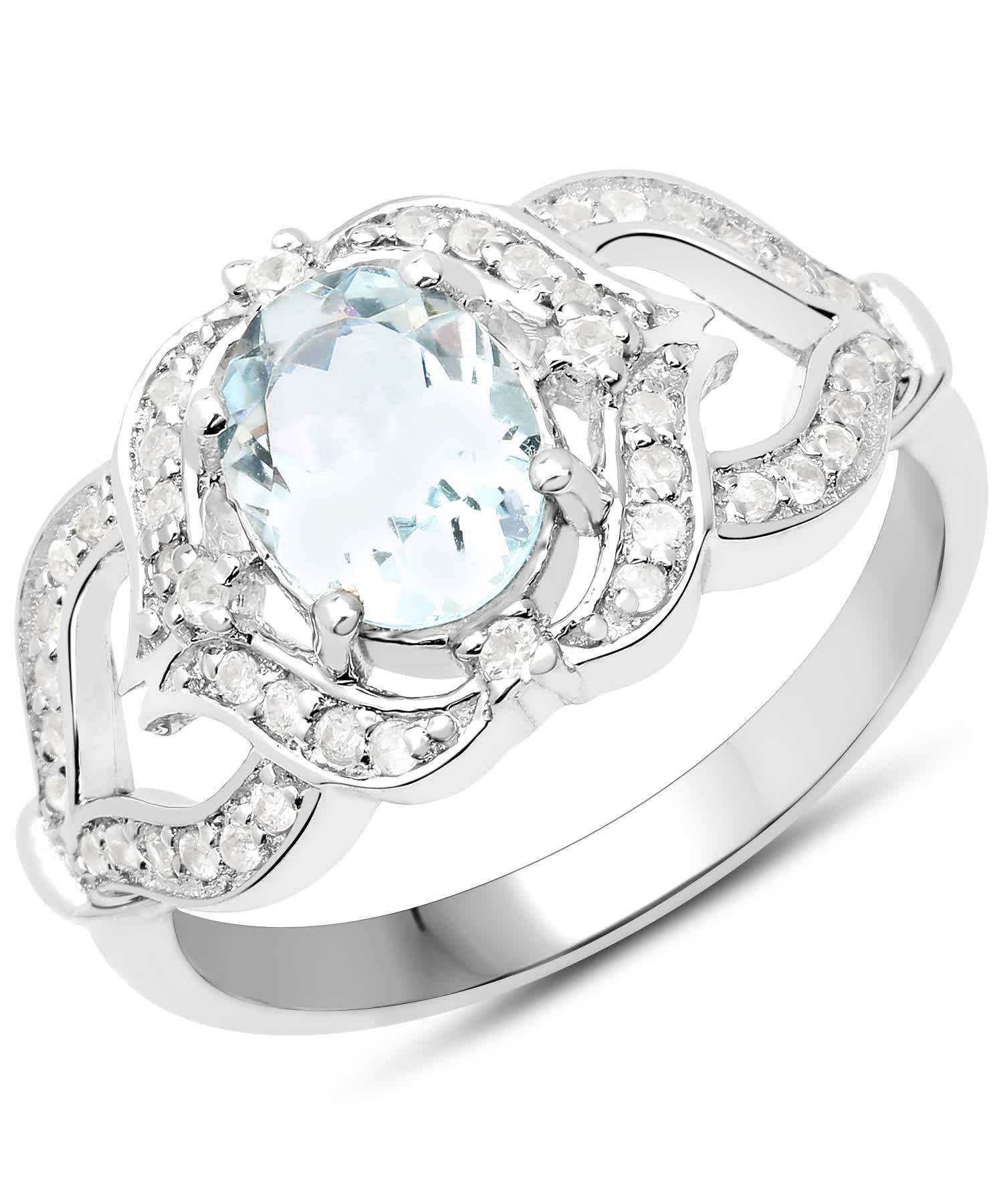 1.37ctw Natural Icy Sky Blue Aquamarine and Zircon Rhodium Plated 925 Sterling Silver Right Hand Ring View 1