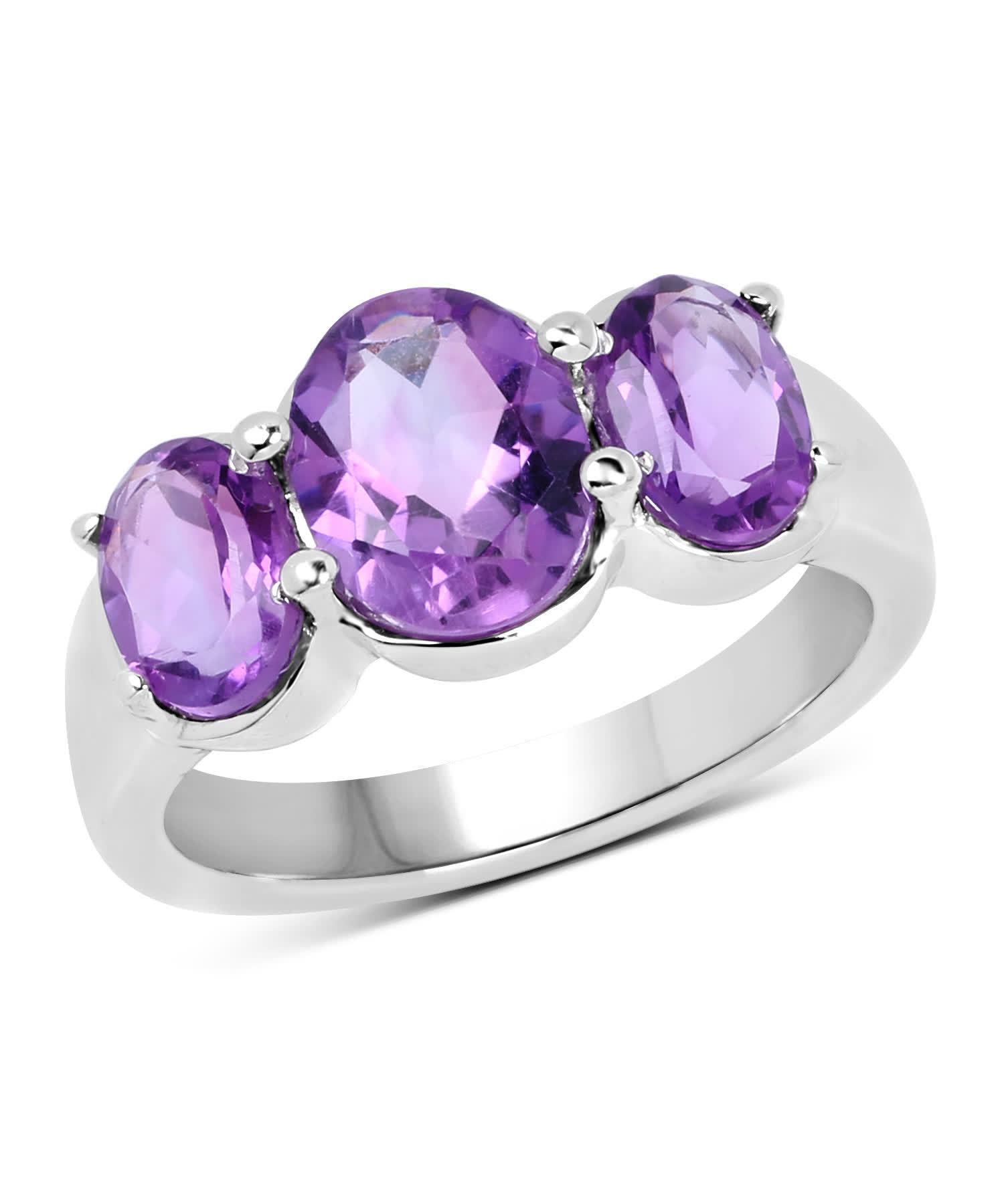 3.20ctw Natural Amethyst Rhodium Plated 925 Sterling Silver Classic Three-Stone Ring View 1