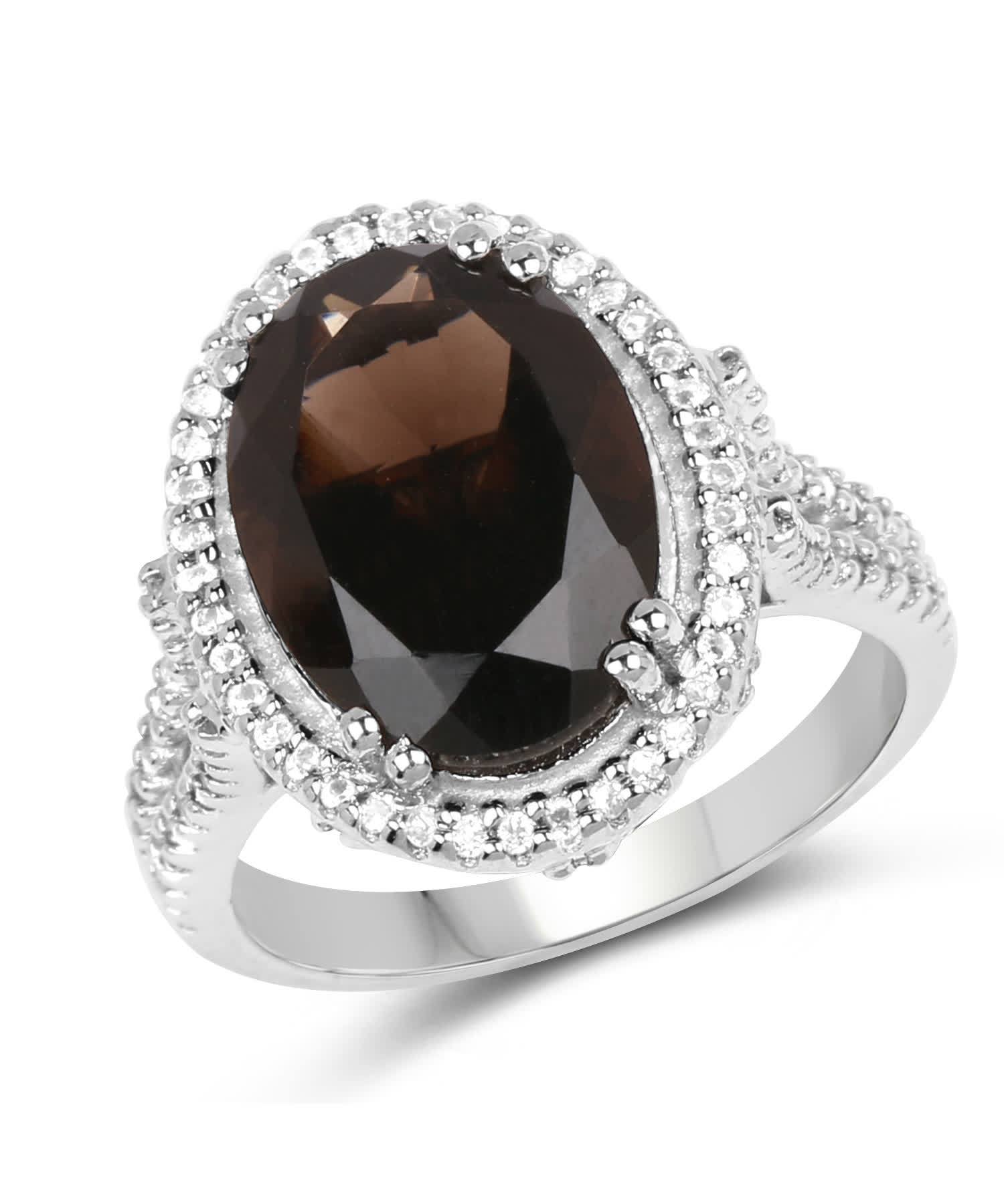 5.80ctw Natural Smoky Quartz and Topaz Rhodium Plated 925 Sterling Silver Halo Cocktail Ring View 1
