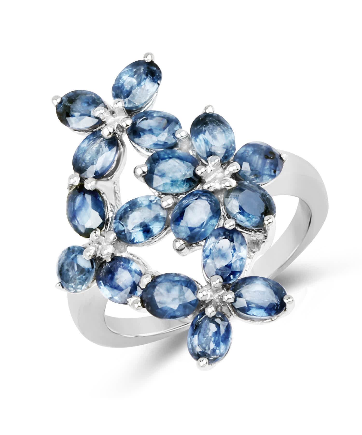 3.74ctw Natural Blue Sapphire Rhodium Plated 925 Sterling Silver Flower Right Hand Ring View 1