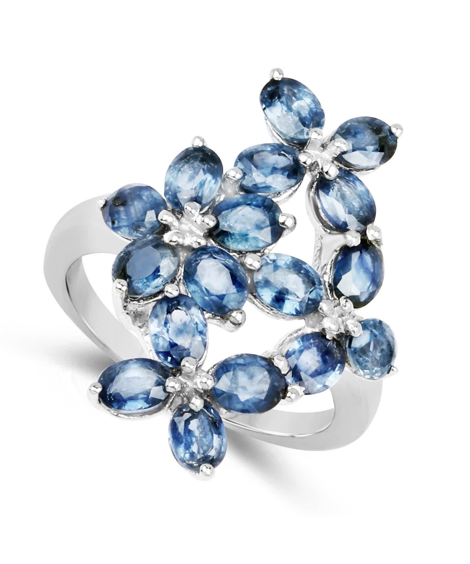3.74ctw Natural Blue Sapphire Rhodium Plated 925 Sterling Silver Flower Right Hand Ring View 2