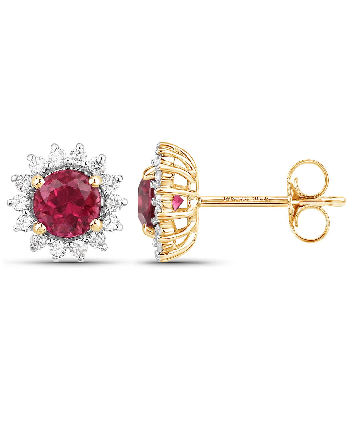 1.24ctw Natural Rubellite and Diamond 14k Gold Flower Stud Earrings View 2