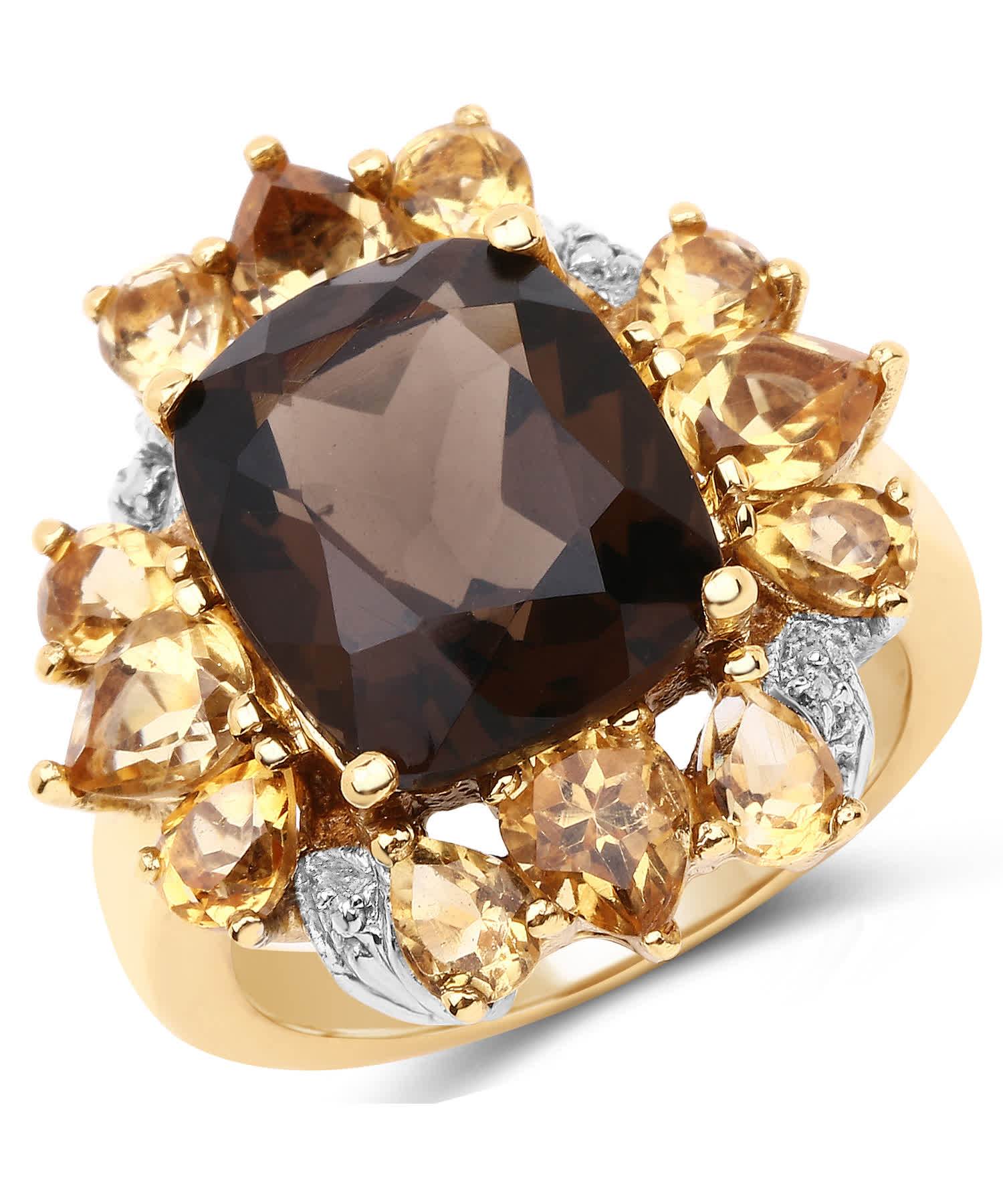 7.10ctw Natural Smoky Quartz, Golden Citrine and Topaz 14k Gold Plated Cocktail Ring View 1