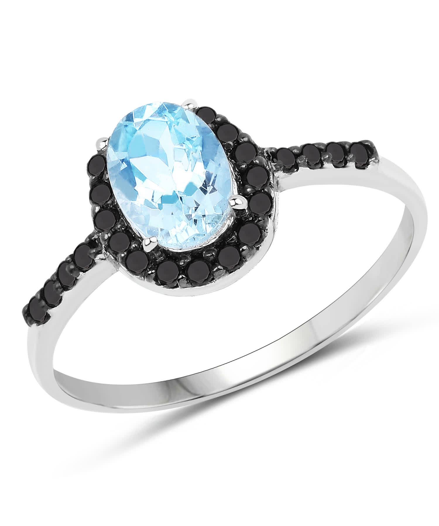 0.95ctw Natural Icy Sky Blue Aquamarine and Black Diamond 10k Gold Halo Right Hand Ring View 1