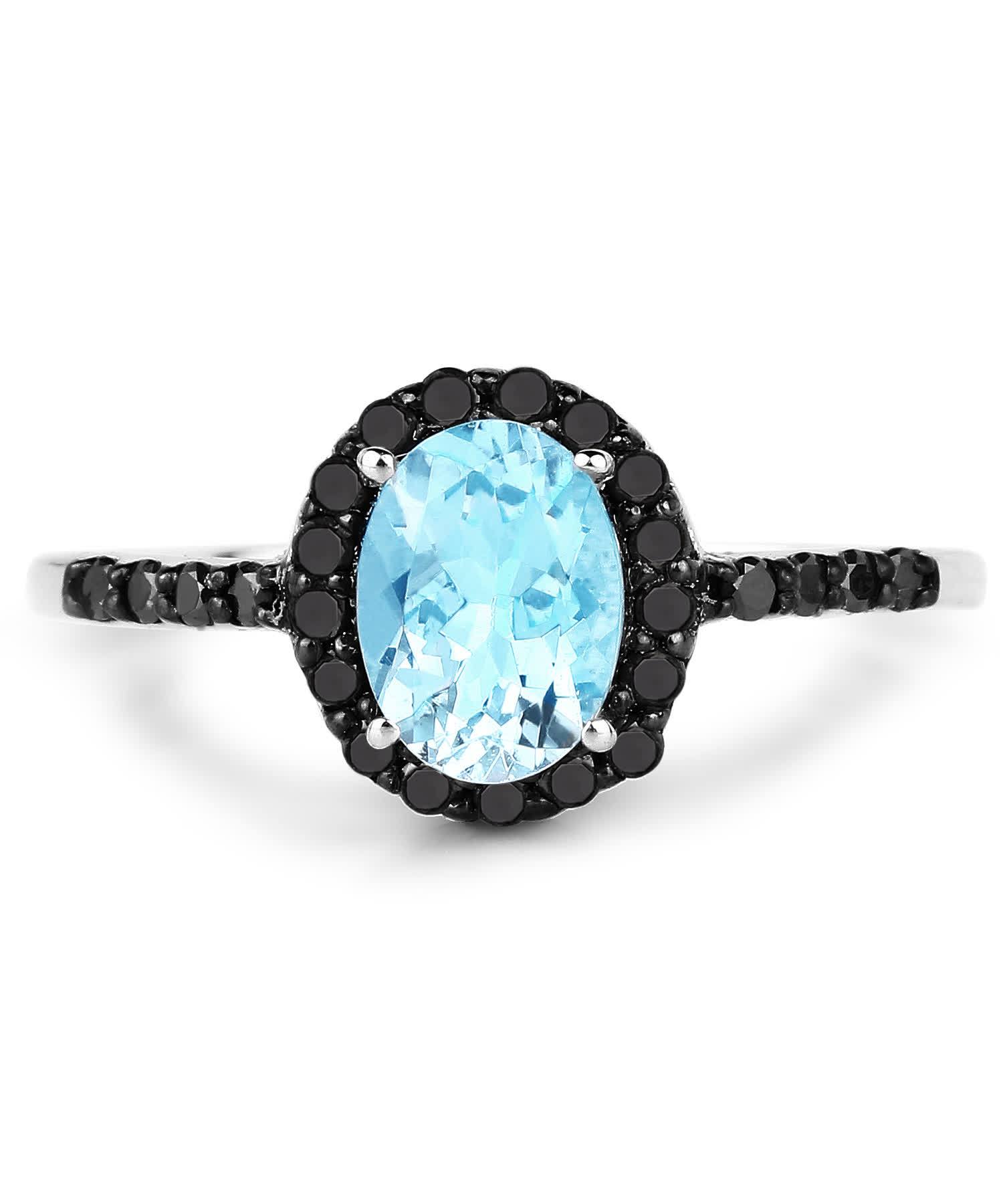 0.95ctw Natural Icy Sky Blue Aquamarine and Black Diamond 10k Gold Halo Right Hand Ring View 3