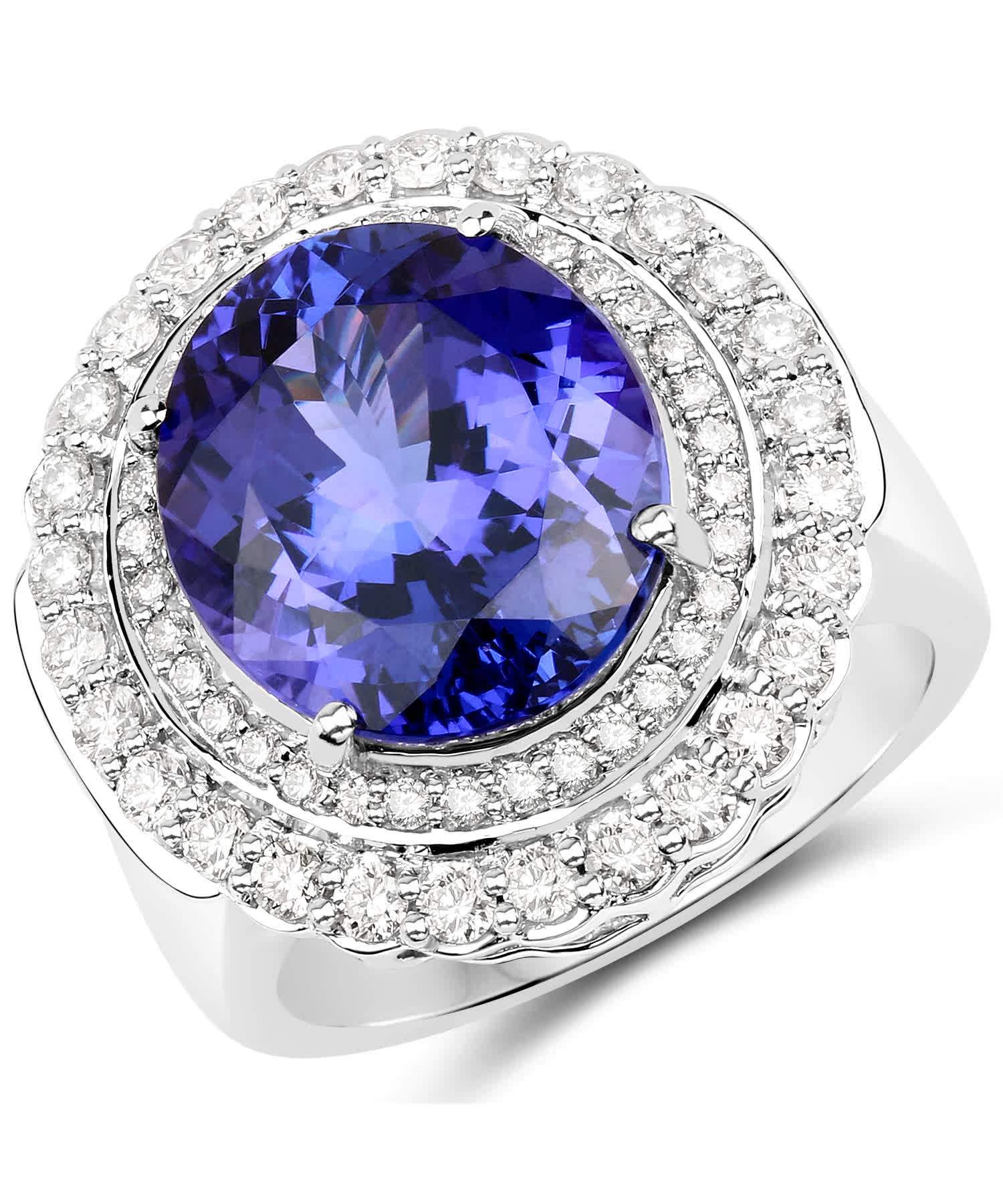 10.79ctw Natural Superior Tanzanite and Diamond 18k Gold Double Halo Cocktail Ring View 1