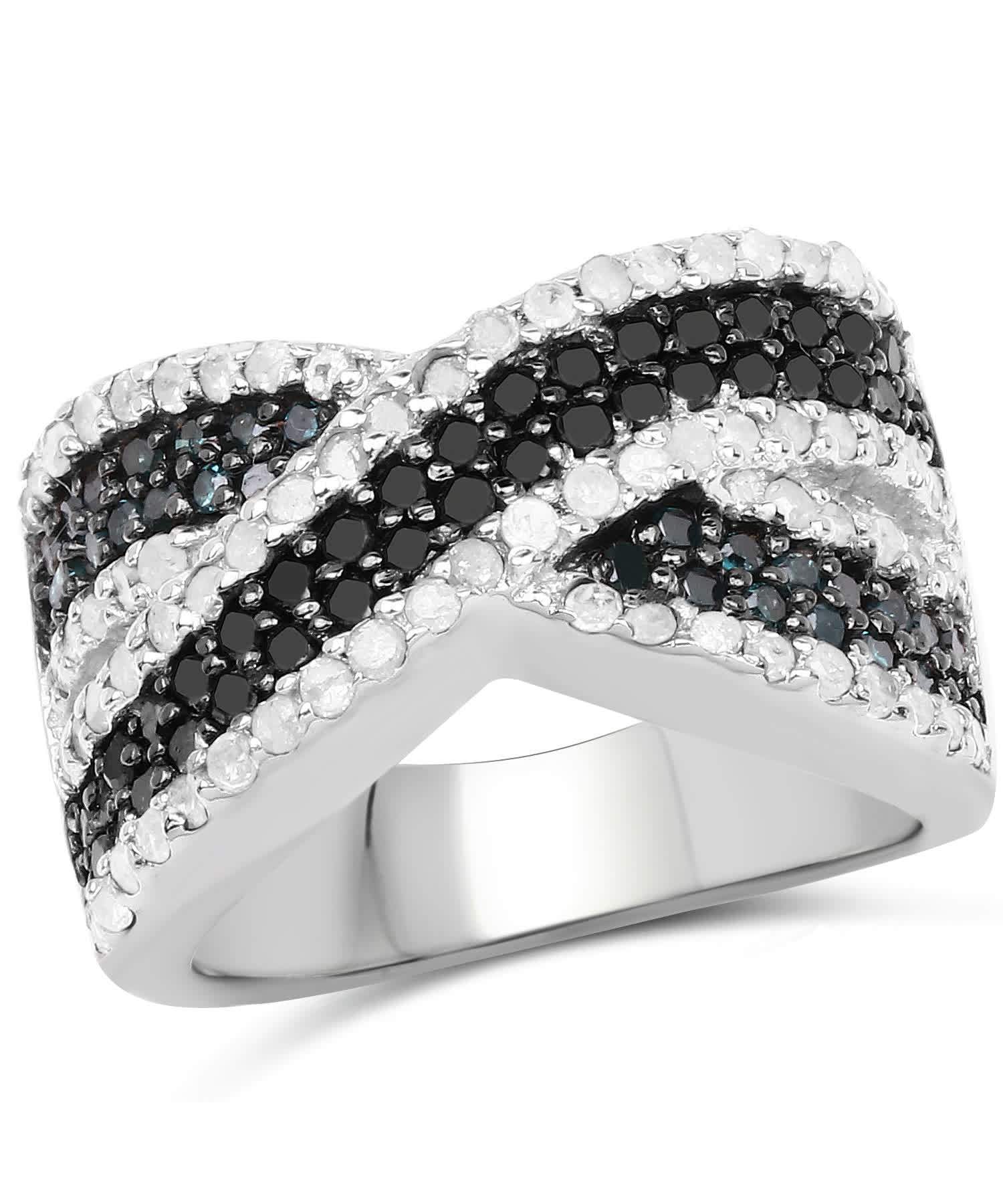 1.57ctw Fancy Blue, Black and Icy Diamonds Rhodium Plated 925 Sterling Silver Ring View 1