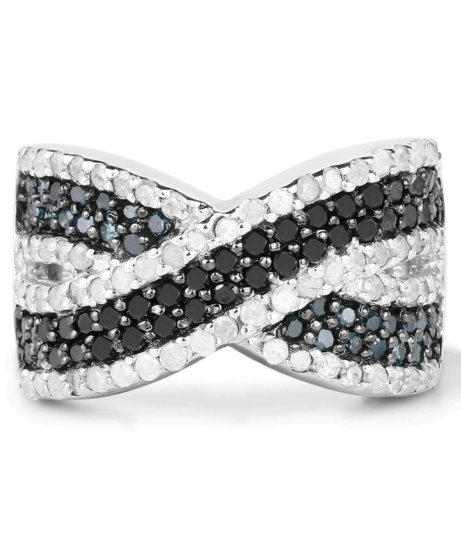 1.57ctw Fancy Blue, Black and Icy Diamonds Rhodium Plated 925 Sterling Silver Ring View 3