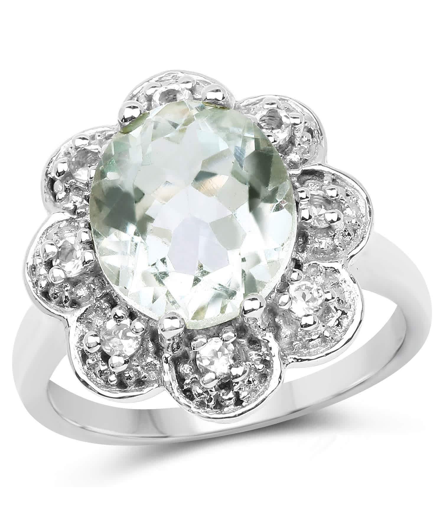 4.57ctw Natural Green Amethyst and Topaz Rhodium Plated Cocktail Ring View 1