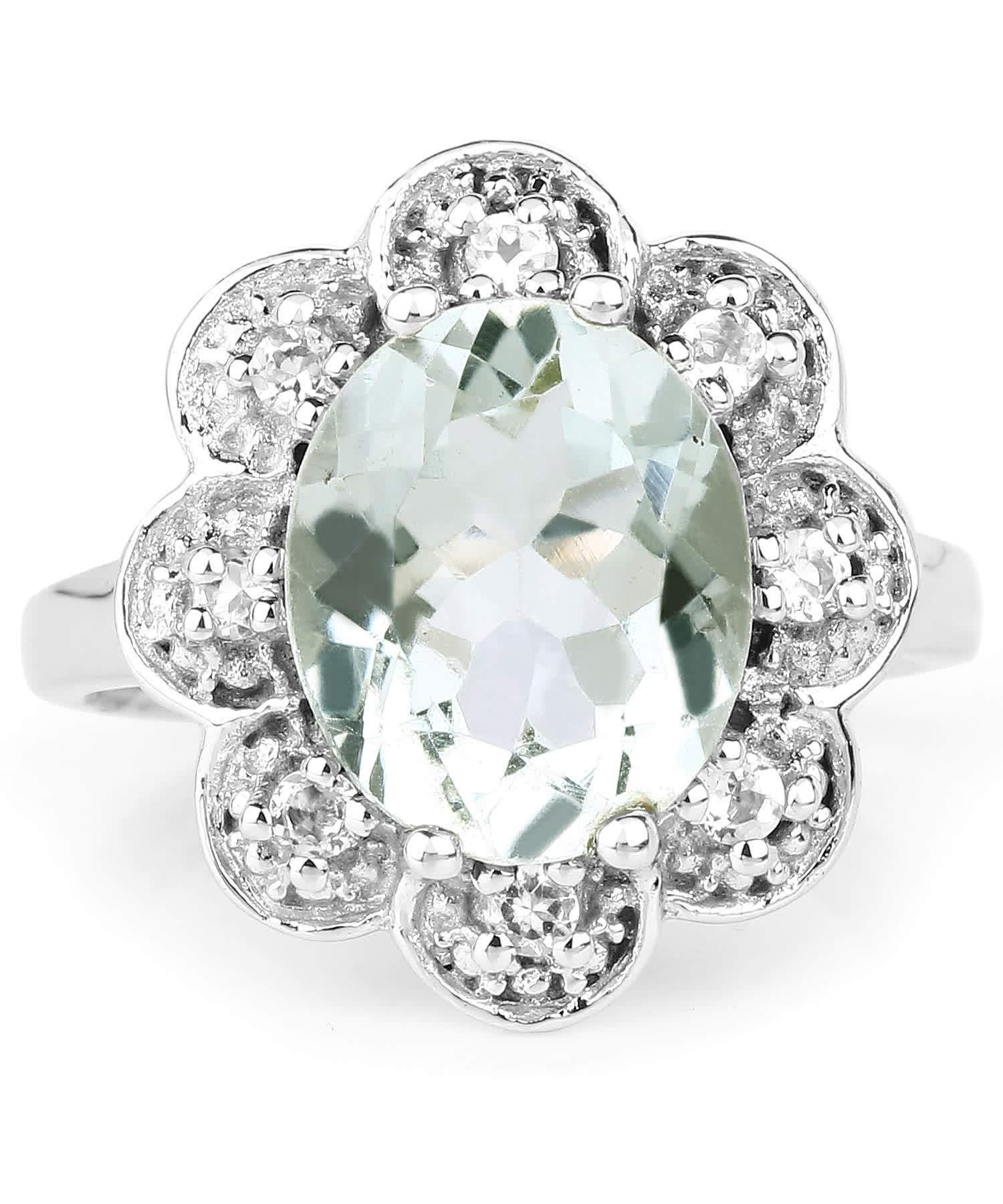 4.57ctw Natural Green Amethyst and Topaz Rhodium Plated Cocktail Ring View 3