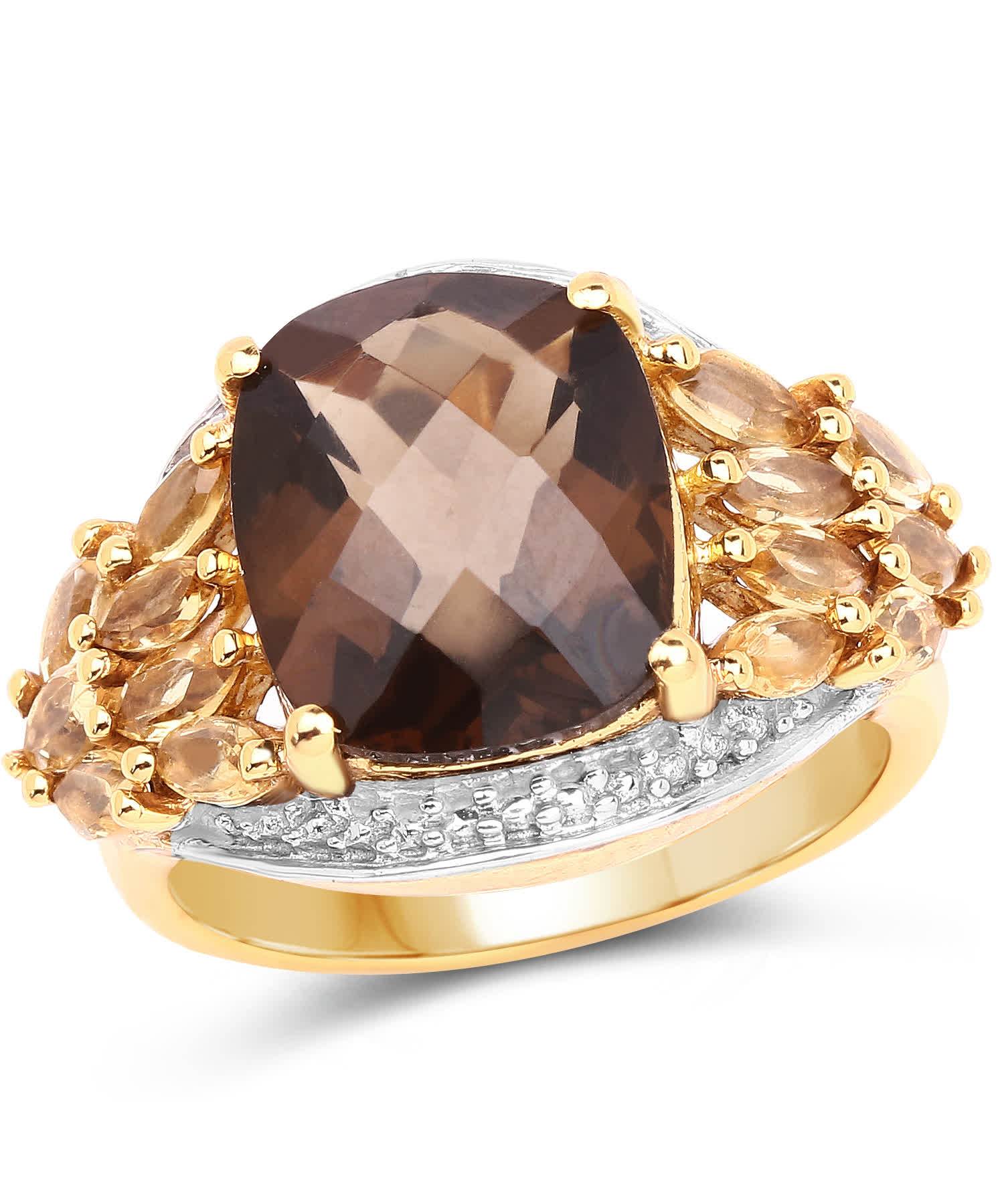 5.44ctw Natural Smoky Quartz and Honey Citrine 14k Gold Plated Cocktail Ring View 1