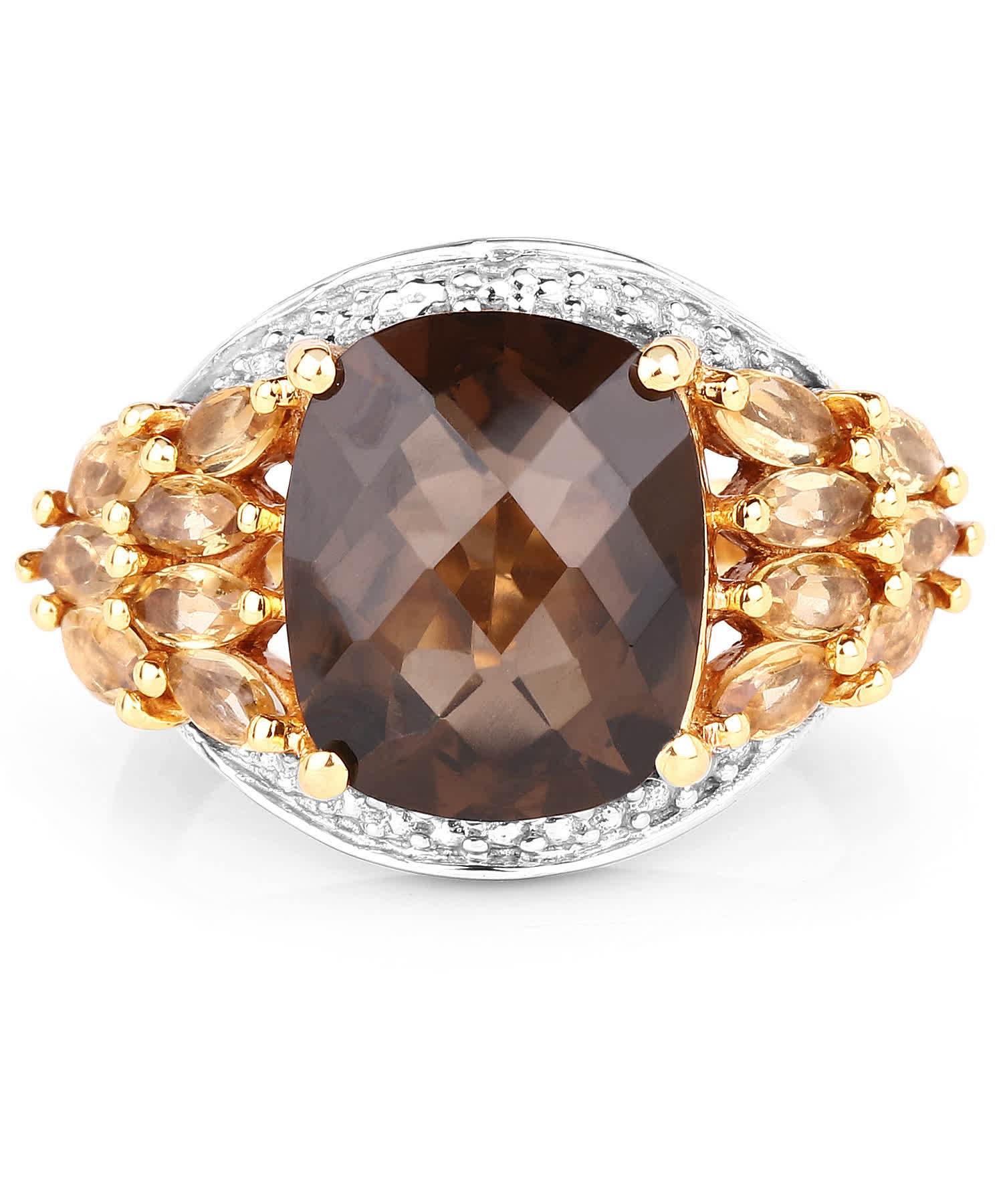 5.44ctw Natural Smoky Quartz and Honey Citrine 14k Gold Plated Cocktail Ring View 3