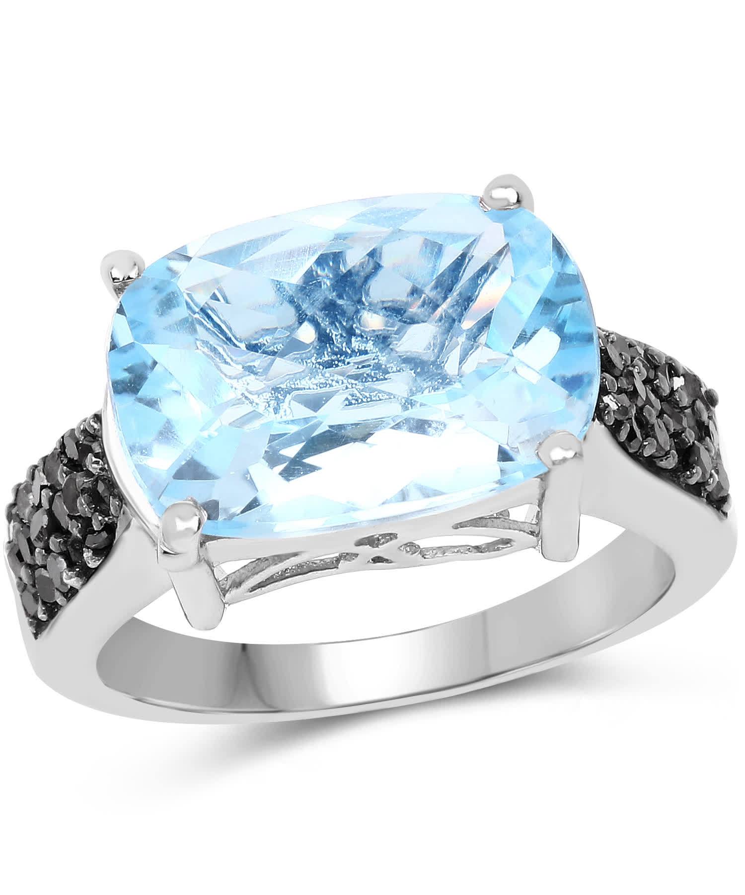 3.96ctw Natural Swiss Blue Topaz and Black Diamond Rhodium Plated 925 Sterling Silver Right Hand Ring View 1