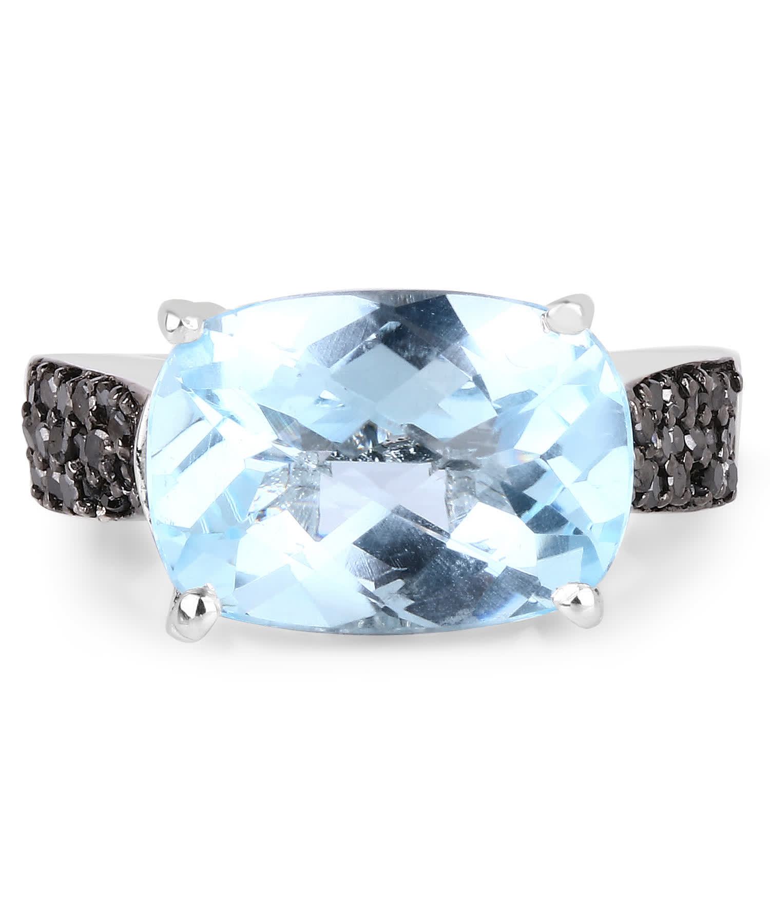 3.96ctw Natural Swiss Blue Topaz and Black Diamond Rhodium Plated 925 Sterling Silver Right Hand Ring View 3