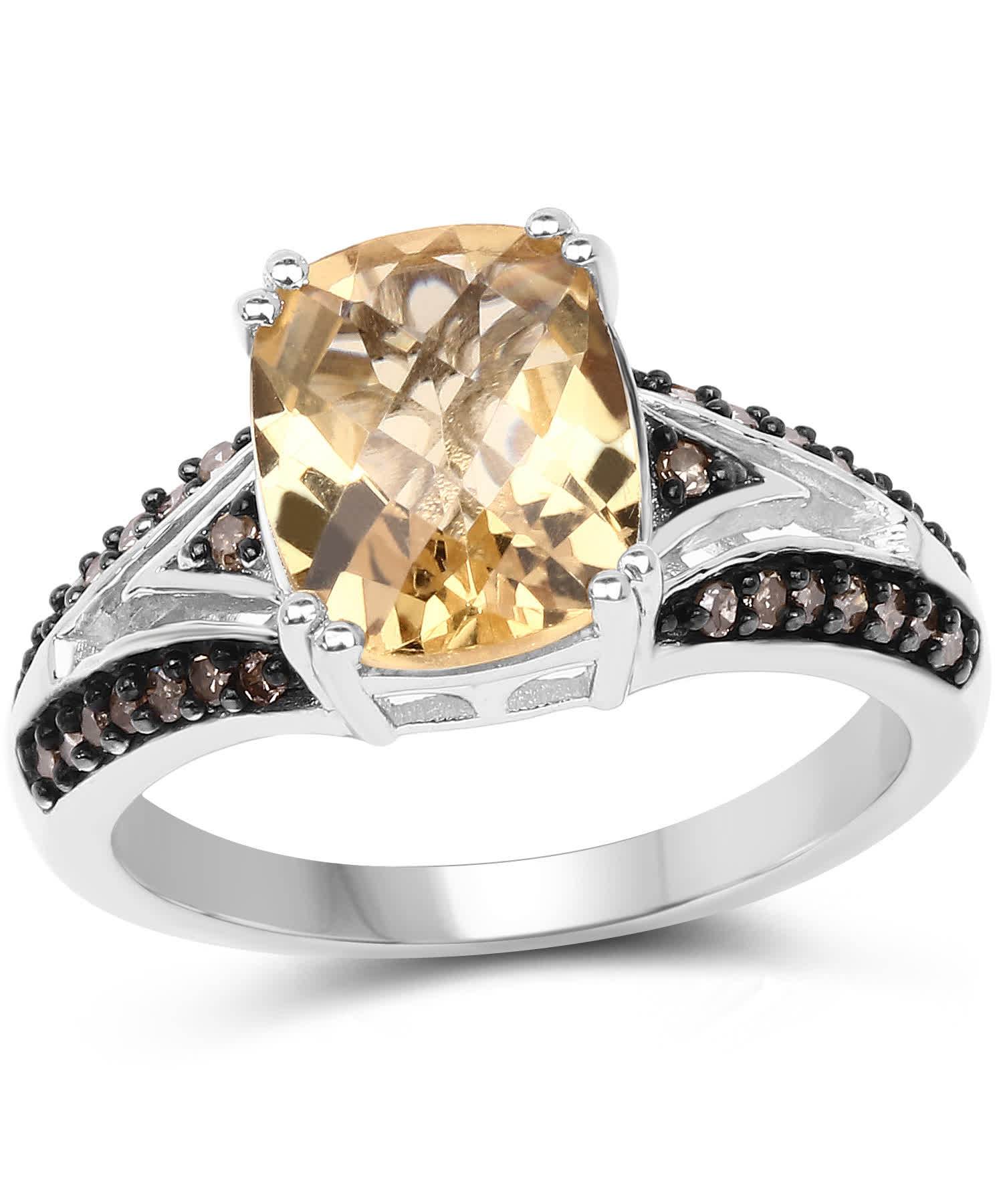 2.79ctw Natural Honey Citrine and Champagne Diamond Rhodium Plated 925 Sterling Silver Right Hand Ring View 1