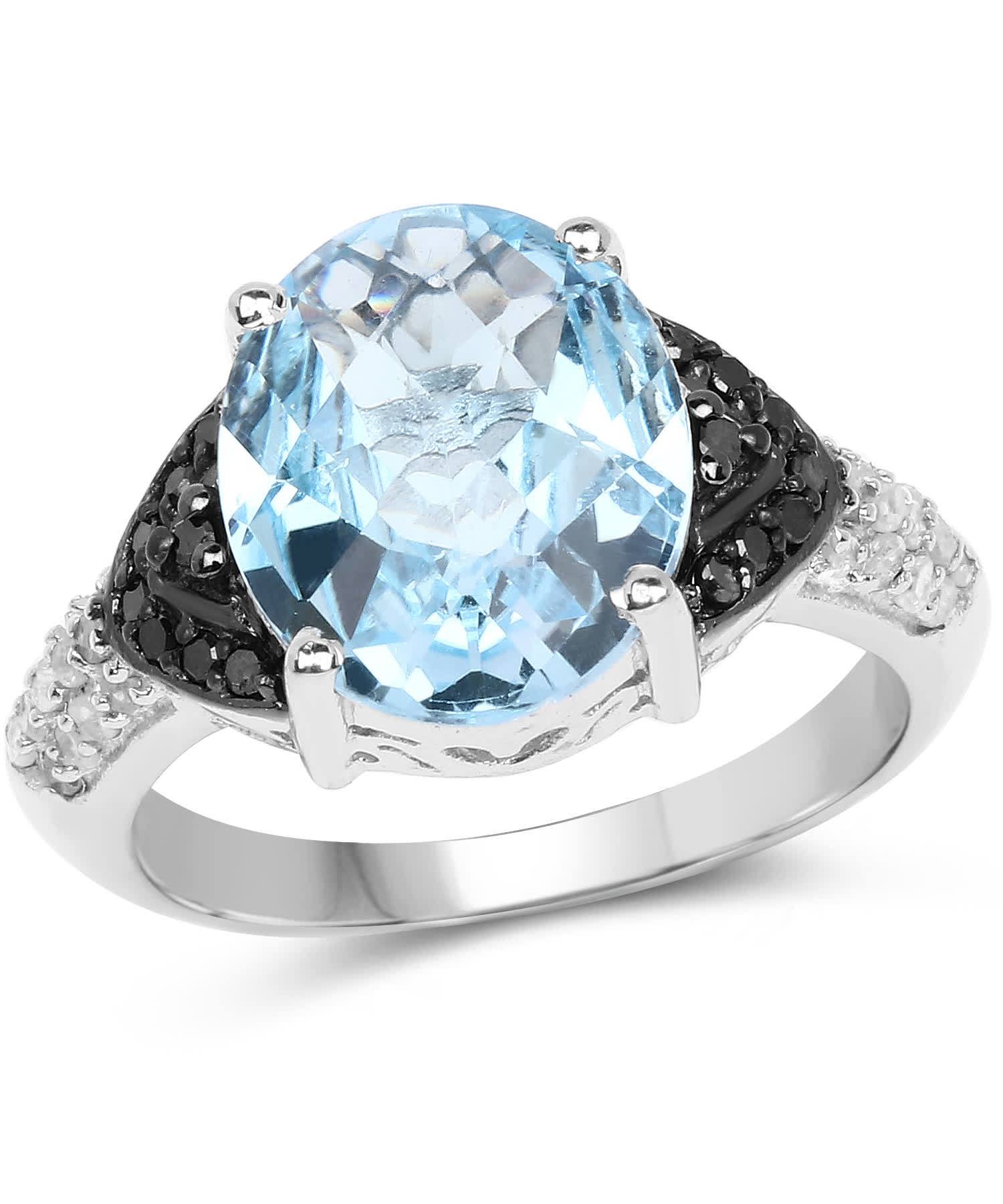 5.37ctw Natural Swiss Blue Topaz and Black Diamond Rhodium Plated 925 Sterling Silver Cocktail Ring View 1
