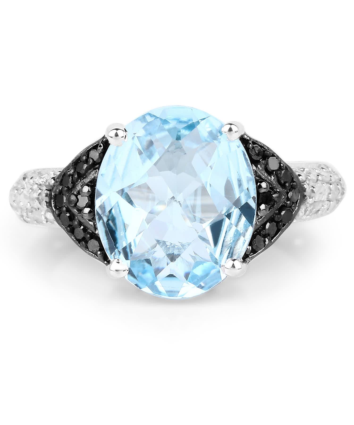 5.37ctw Natural Swiss Blue Topaz and Black Diamond Rhodium Plated 925 Sterling Silver Cocktail Ring View 3