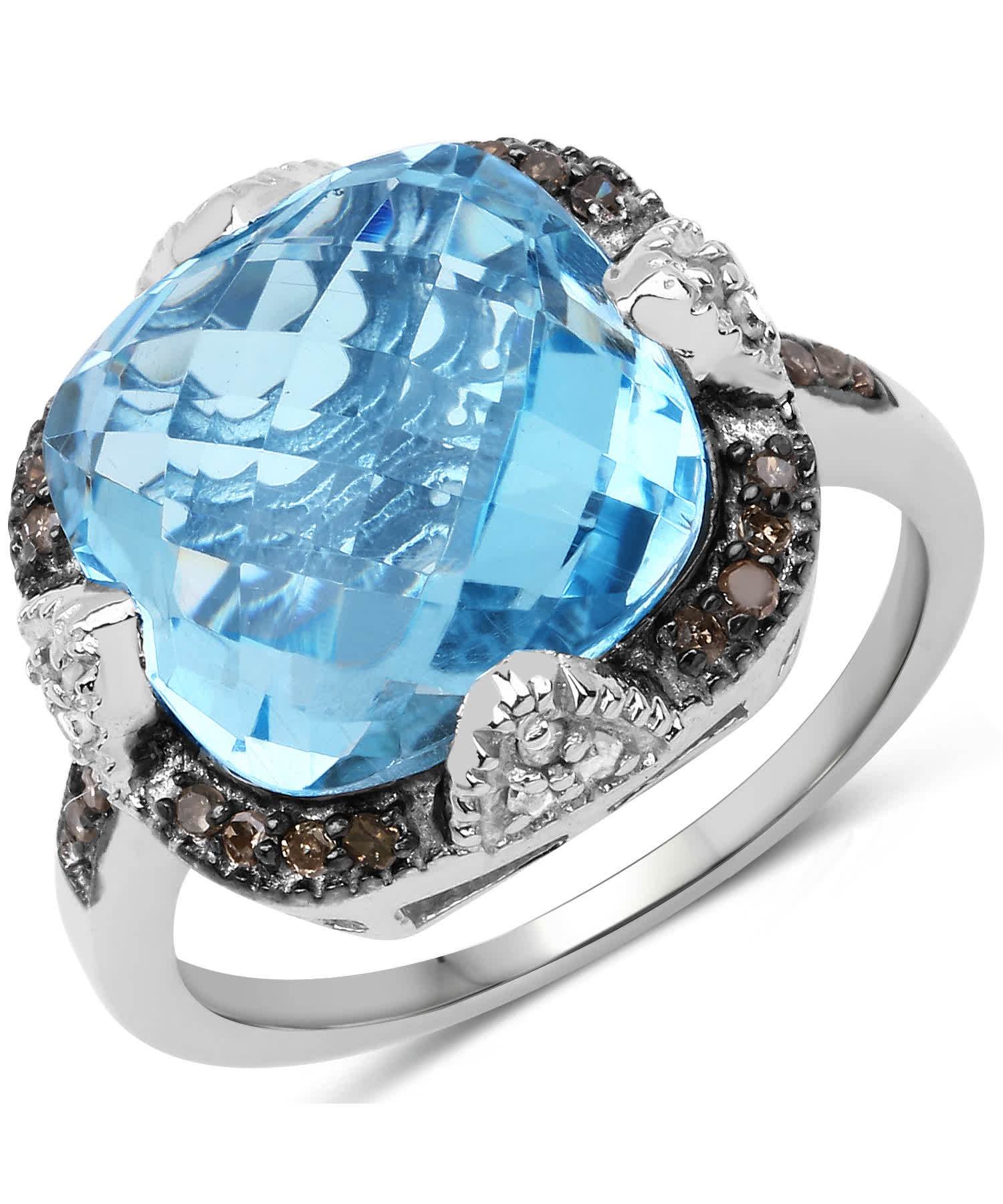 8.30ctw Natural Swiss Blue Topaz and Champagne Diamond Rhodium Plated 925 Sterling Silver Cocktail Ring View 1