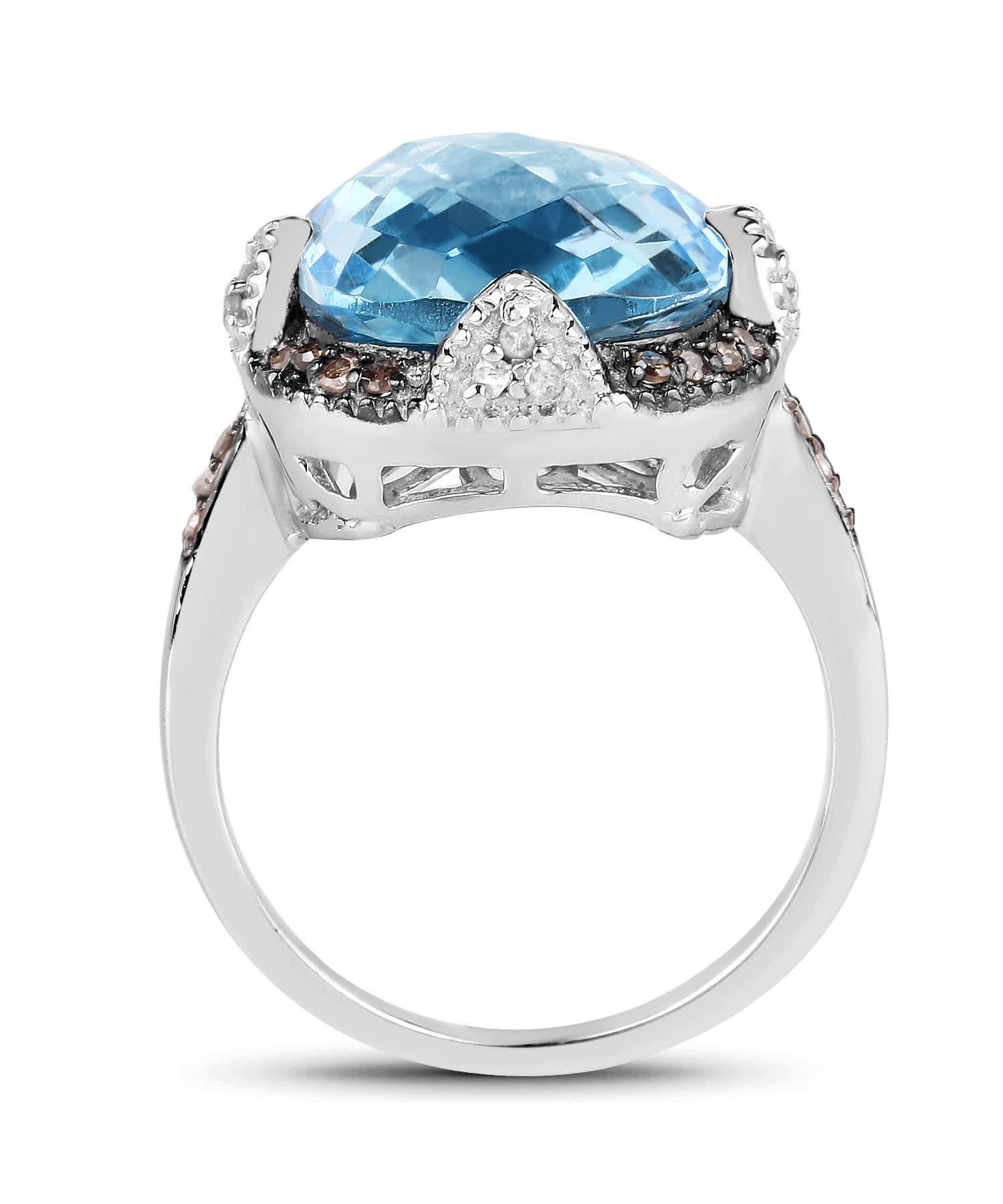 8.30ctw Natural Swiss Blue Topaz and Champagne Diamond Rhodium Plated 925 Sterling Silver Cocktail Ring View 2
