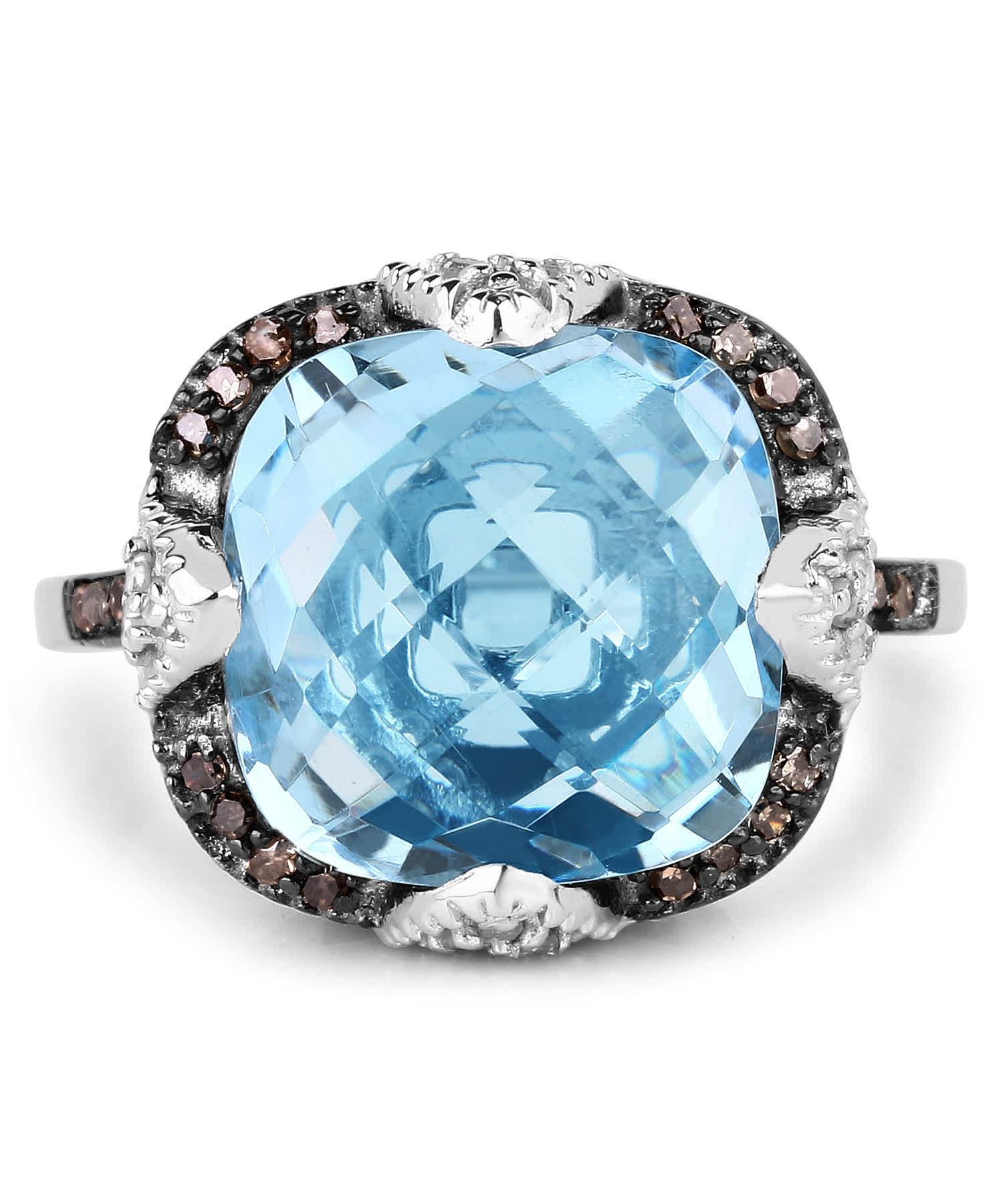 8.30ctw Natural Swiss Blue Topaz and Champagne Diamond Rhodium Plated 925 Sterling Silver Cocktail Ring View 3