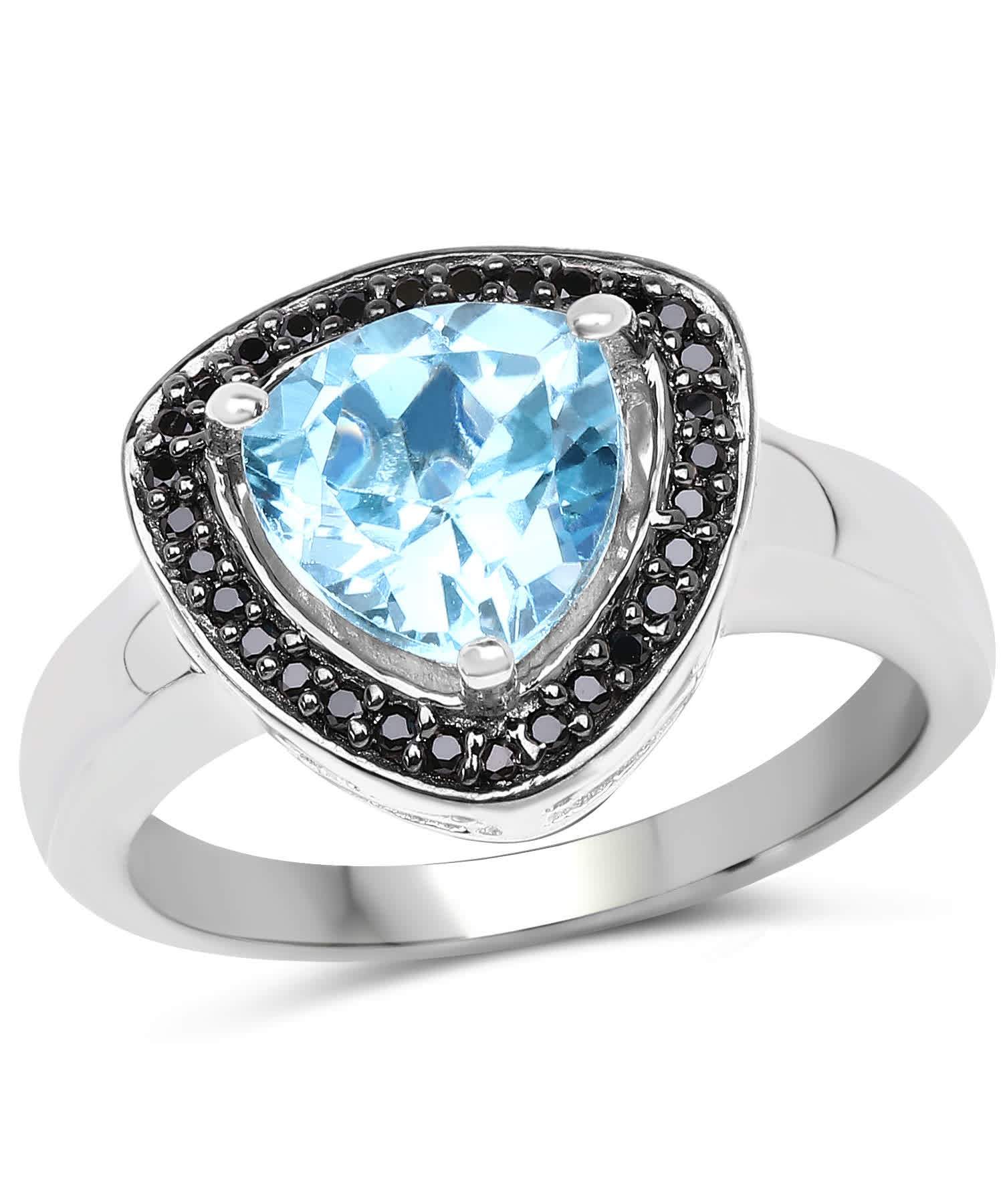 2.06ctw Natural Swiss Blue Topaz and Black Diamond Rhodium Plated 925 Sterling Silver Triangle Ring View 1