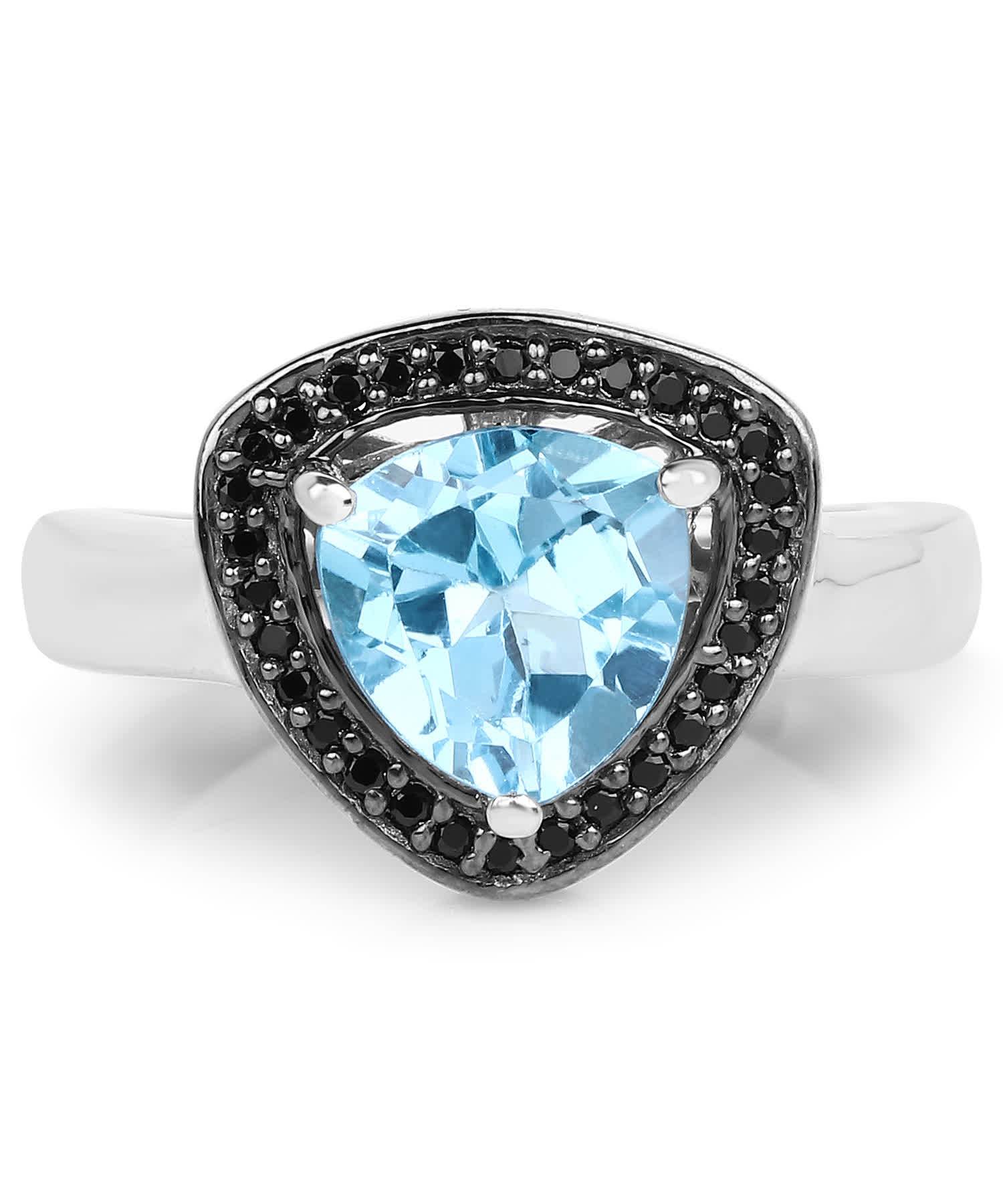 2.06ctw Natural Swiss Blue Topaz and Black Diamond Rhodium Plated 925 Sterling Silver Triangle Ring View 3