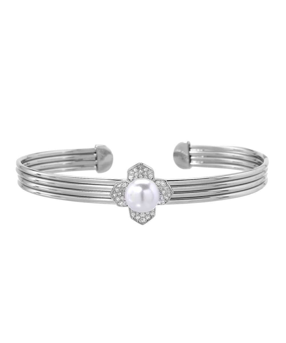 McCarney & J Faux Pearl and Brilliant Cut Cubic Zirconia Rhodium Plated 925 Sterling Silver Flower Cuff Bracelet View 1