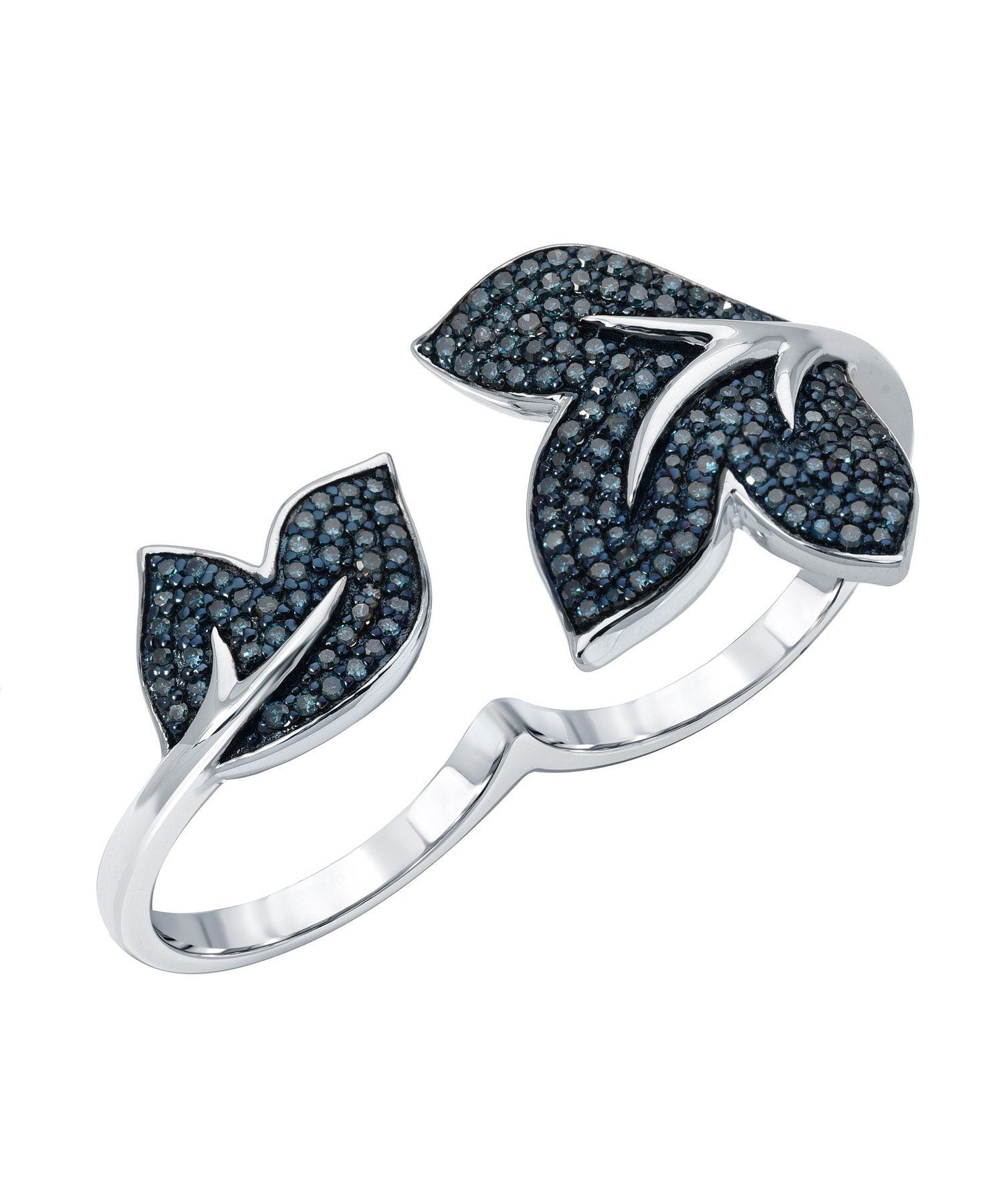 0.70ctw Fancy Blue Diamond Rhodium Plated 925 Sterling Silver Leaf Two-Finger Ring View 1