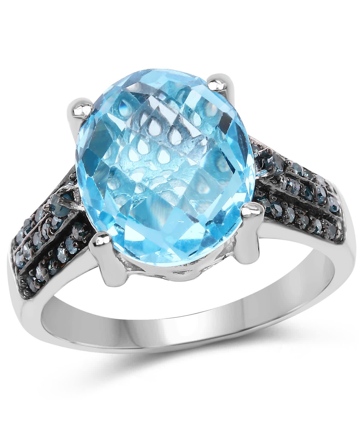 5.51ctw Natural Swiss Blue Topaz and Blue Diamond Rhodium Plated 925 Sterling Silver Cocktail Ring View 1