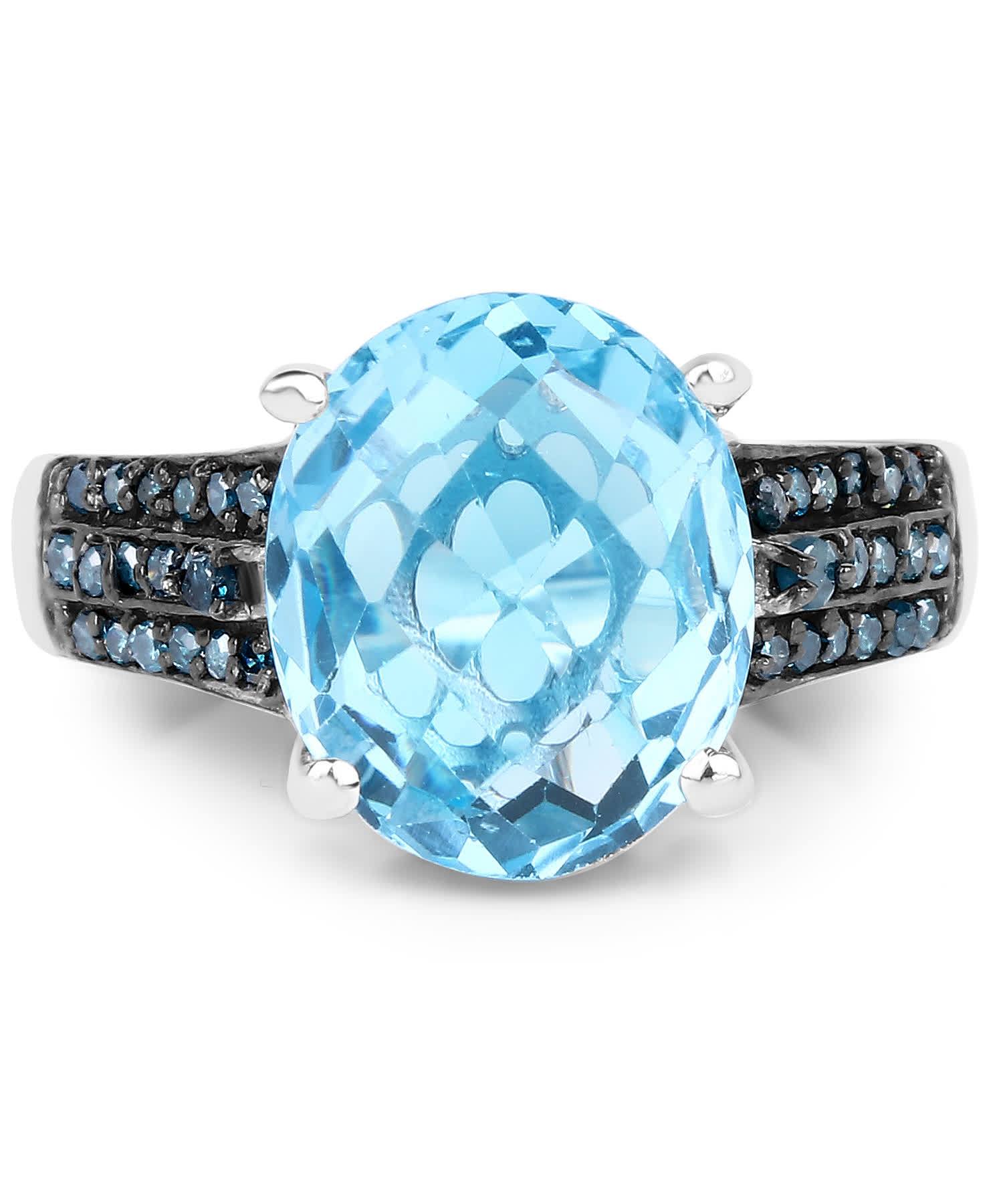 5.51ctw Natural Swiss Blue Topaz and Blue Diamond Rhodium Plated 925 Sterling Silver Cocktail Ring View 3