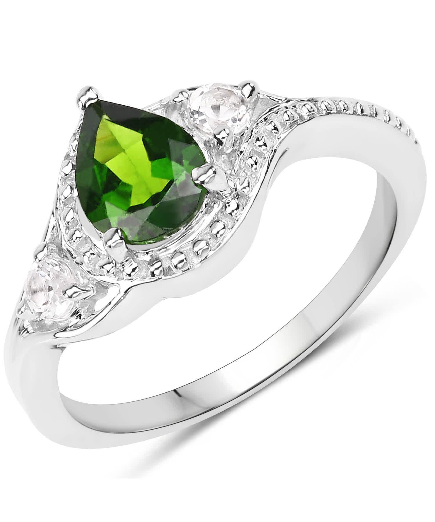 1.30ctw Natural Forest Green Chrome Diopside and Topaz Rhodium Plated 925 Sterling Silver Ring View 1