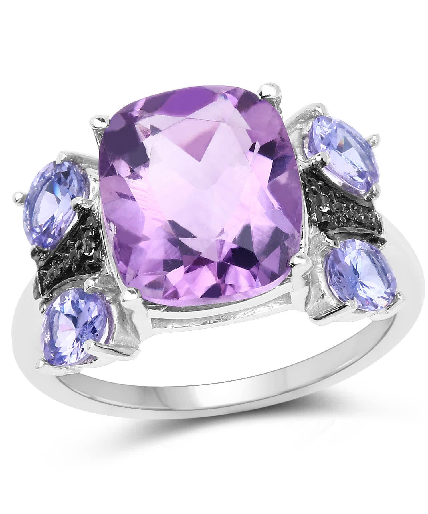 5.53ctw Natural Amethyst, Tanzanite and Topaz Rhodium Plated Silver Cocktail Ring View 1