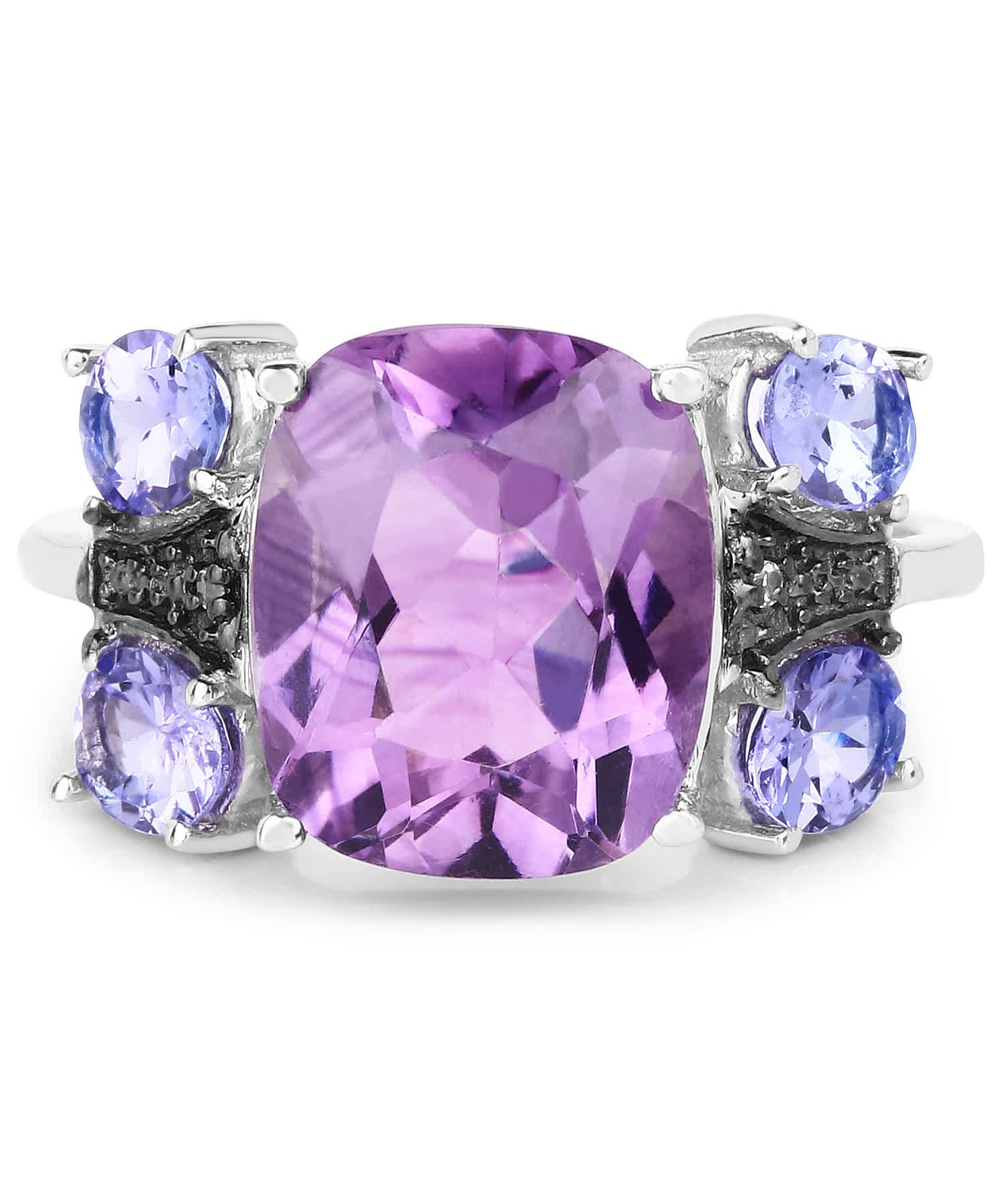 5.53ctw Natural Amethyst, Tanzanite and Topaz Rhodium Plated Silver Cocktail Ring View 3