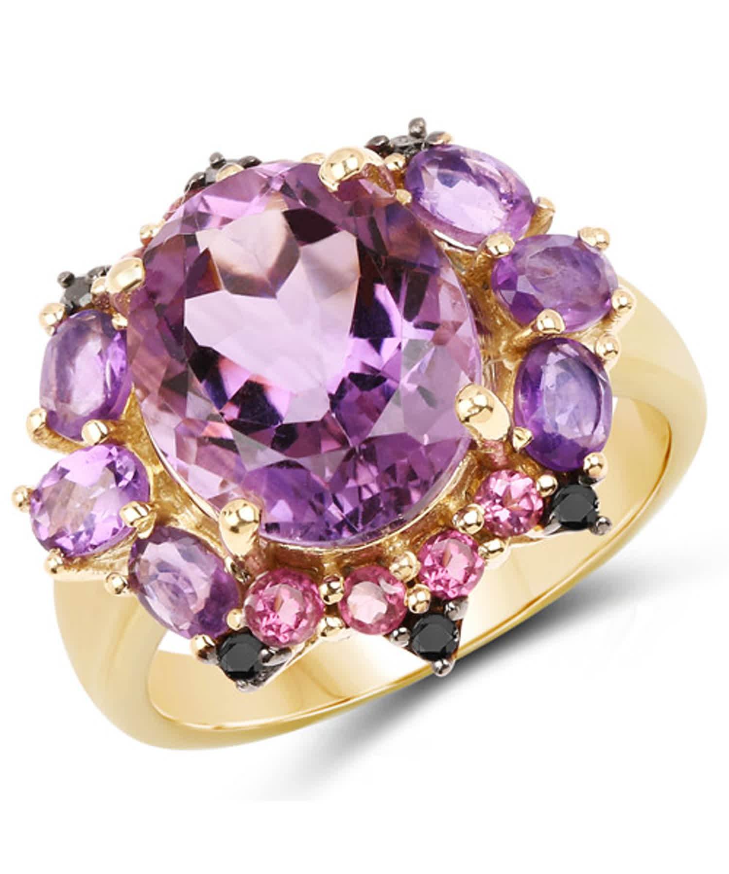 5.25ctw Natural Amethyst, Mixed Gems and Blue Diamond 14k Gold Plated 925 Sterling Silver Cocktail Ring View 1