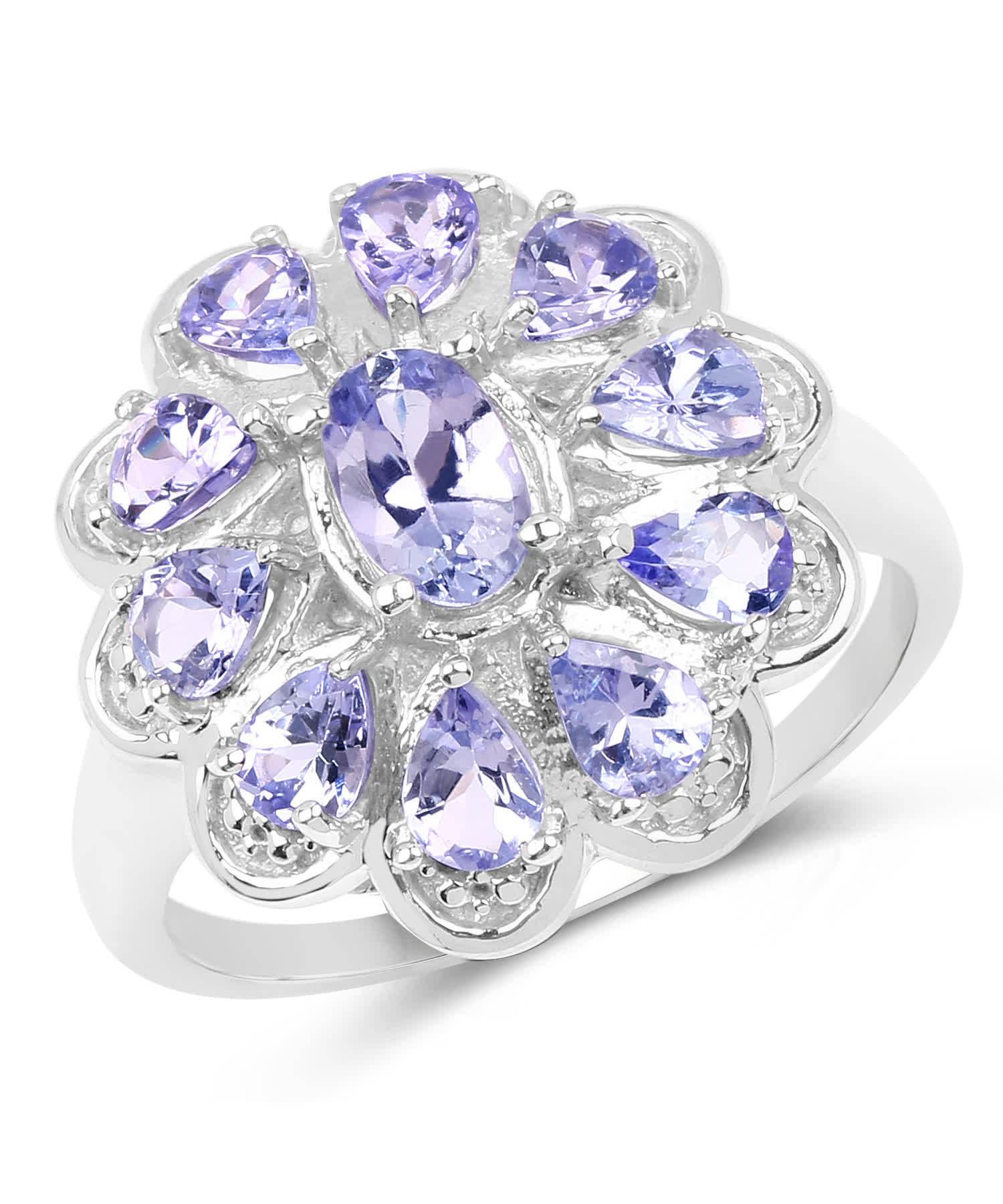 1.84ctw Natural Tanzanite Rhodium Plated 925 Sterling Silver Flower Right Hand Ring View 1