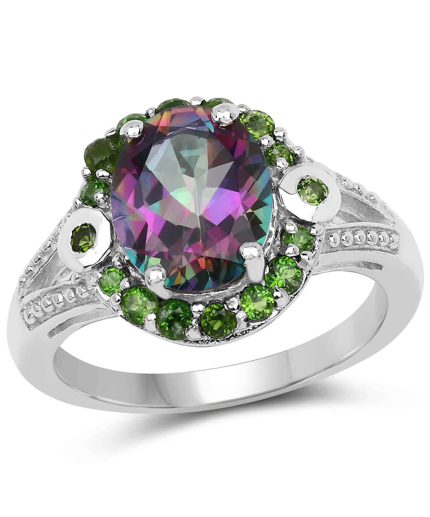 3.92ctw Natural Mystic Quartz and Forest Green Chrome Diopside Rhodium Plated 925 Sterling Silver Oval Right Hand Ring View 1