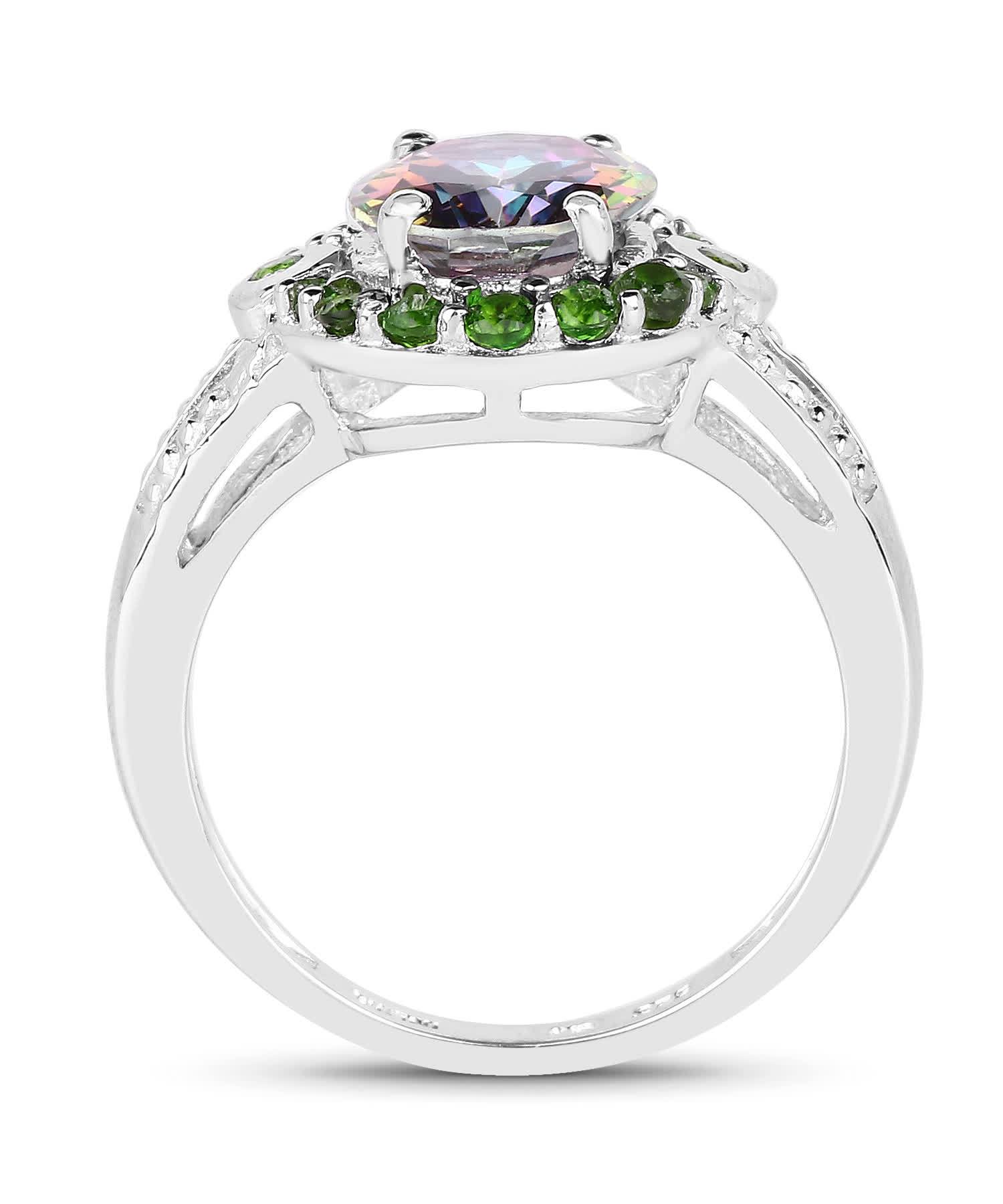 3.92ctw Natural Mystic Quartz and Forest Green Chrome Diopside Rhodium Plated 925 Sterling Silver Oval Right Hand Ring View 2