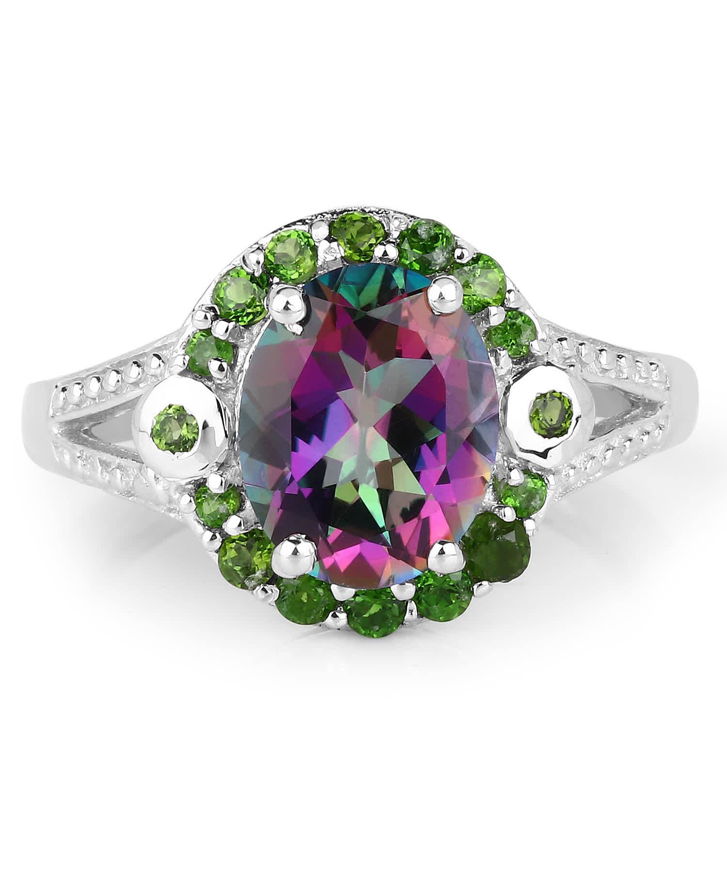3.92ctw Natural Mystic Quartz and Forest Green Chrome Diopside Rhodium Plated 925 Sterling Silver Oval Right Hand Ring View 3